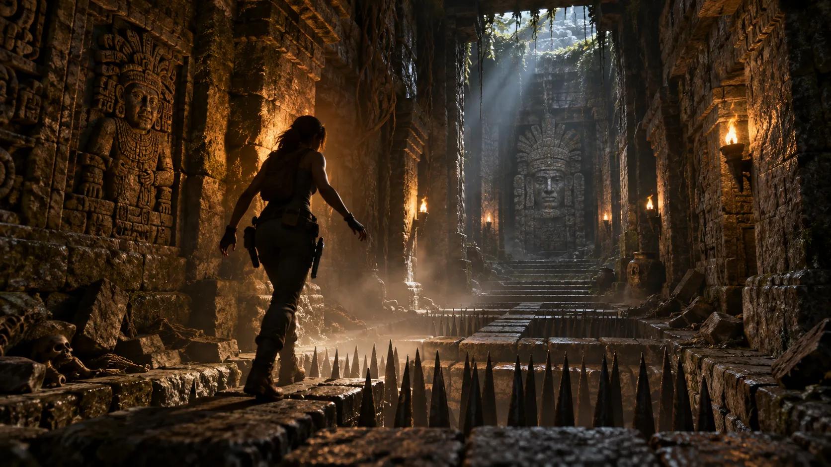 A dark ancient Mayan tomb corridor with spike traps, crumbling stone walls, flickering torchlight, a female explorer silhouette cautiously stepping forward, dust particles in the air, volumetric god rays, moody atmospheric lighting, photorealistic.