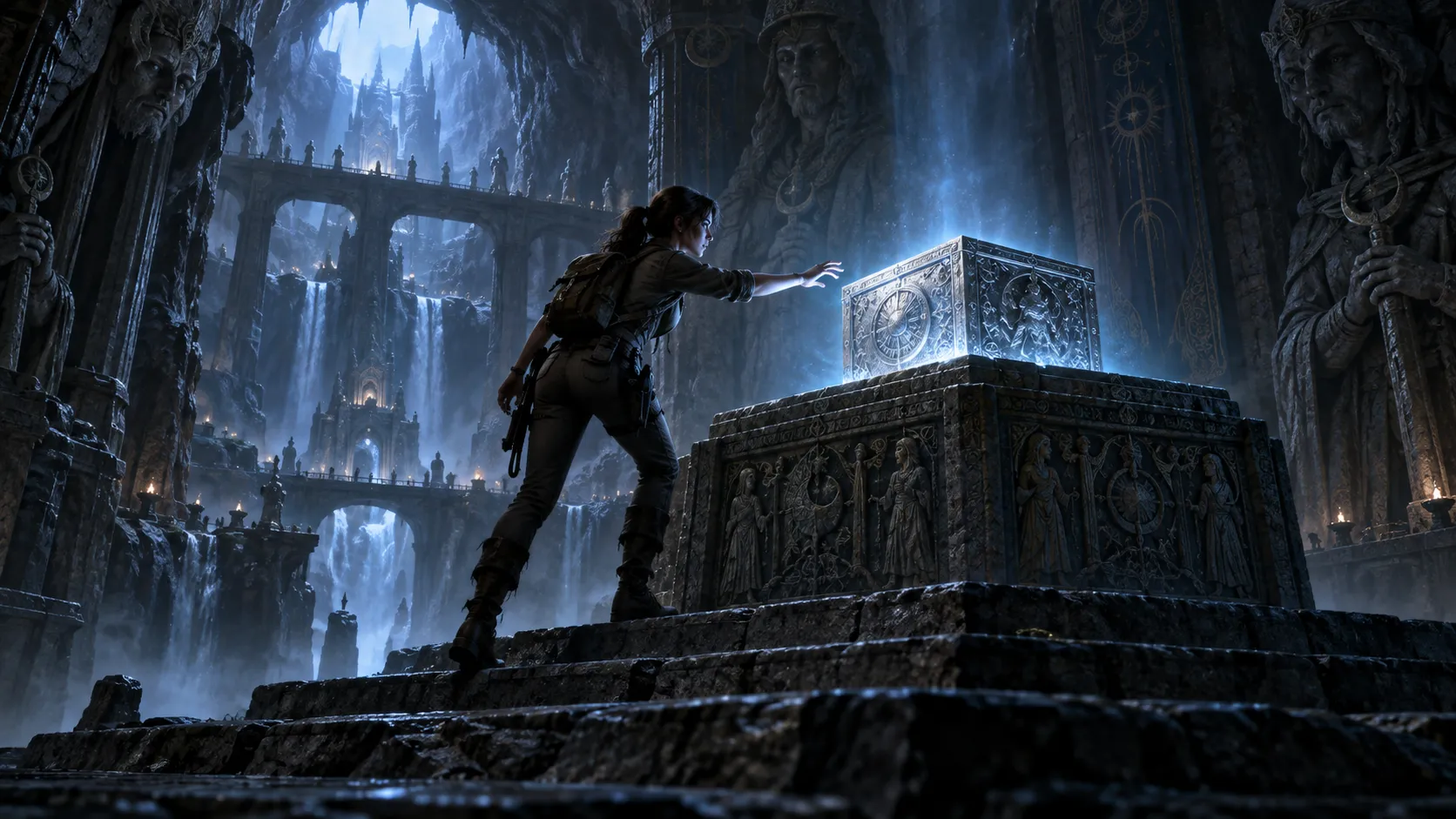 A vast underground chamber with a glowing silver box on a stone pedestal, intricate carvings, eerie blue light, a female explorer reaching toward it, sense of foreboding, dramatic chiaroscuro lighting, cinematic concept art.