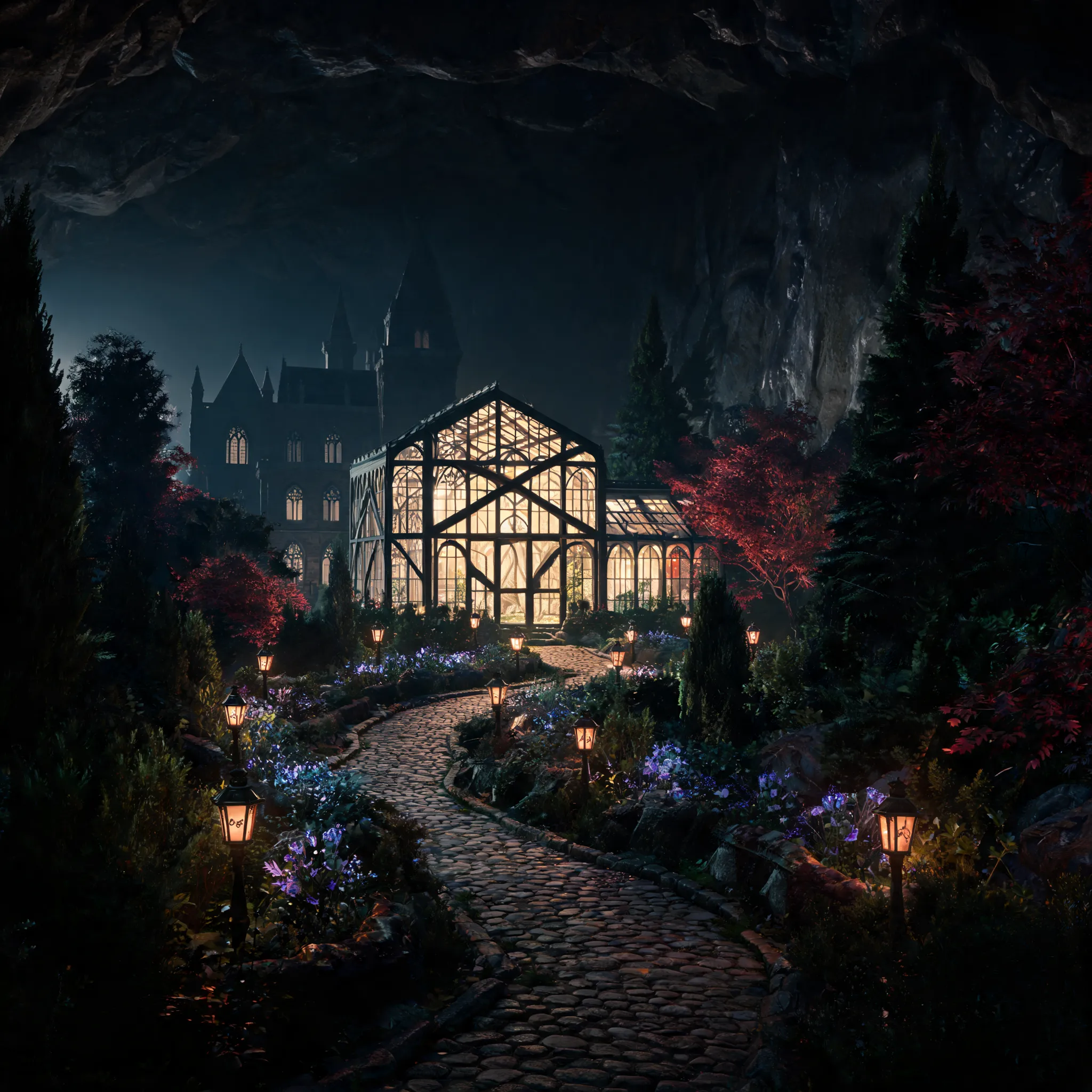 Dark majestic garden behind a gothic manor inside a cave, illuminated by lanterns along stone paths. High tui and black yews, blood maples, magical plants in small beds. In the center stands a huge glass greenhouse, its panels assembled with black wood, glowing faintly from within. The cave darkness surrounds everything, lantern light barely piercing the gloom. Cinematic, highly detailed, dark fantasy, 8k, --ar 16:9
