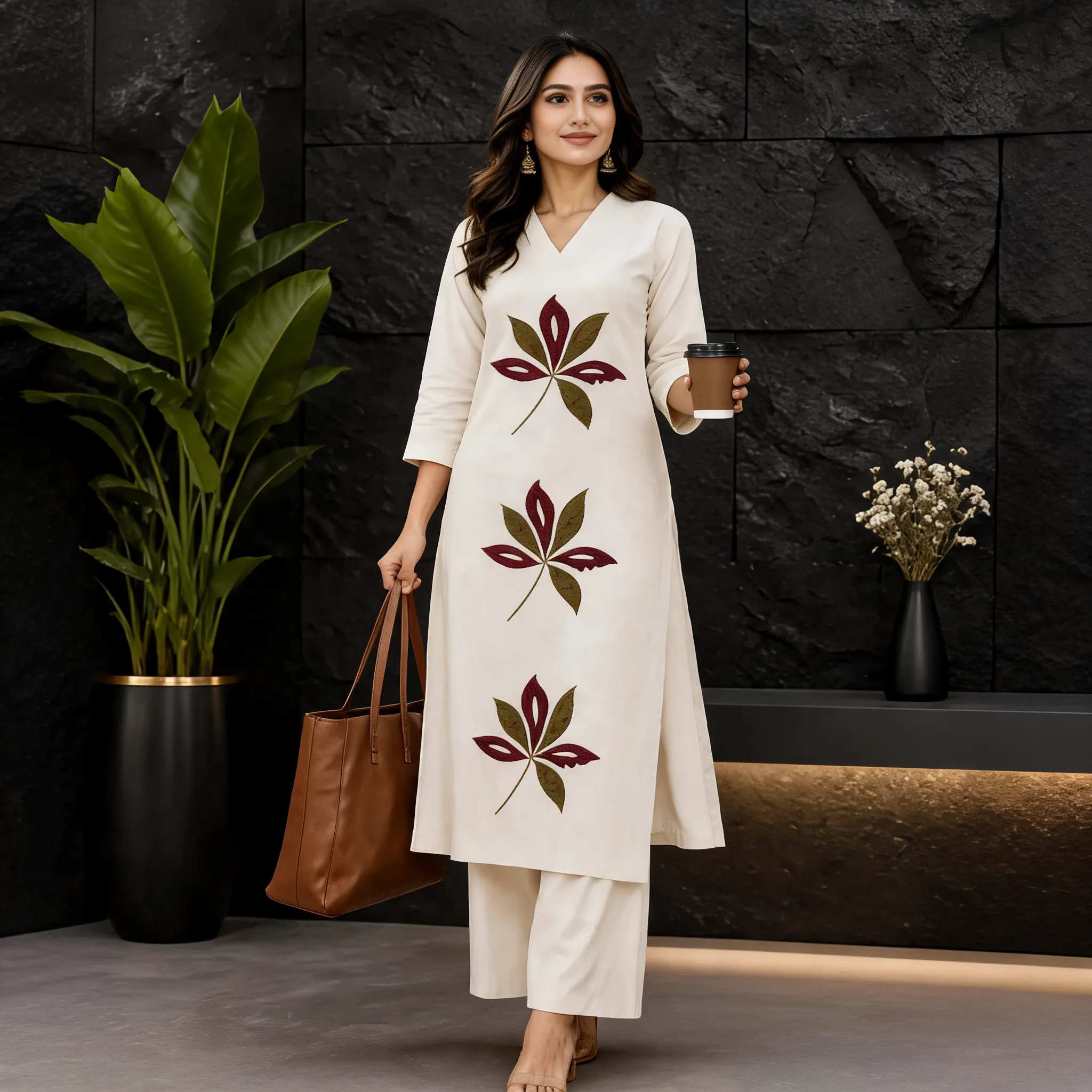 Beautiful young Indian woman wearing off-white daily wear kurti palazzo set, V-neck kurta with 3 large embroidered leaf designs in maroon and olive green, cream straight palazzo pant, holding a brown leather tote bag and coffee cup, modern office look, standing pose, black textured wall background with green plant, ultra realistic, full body shot, natural lighting, 8k, detailed embroidery texture