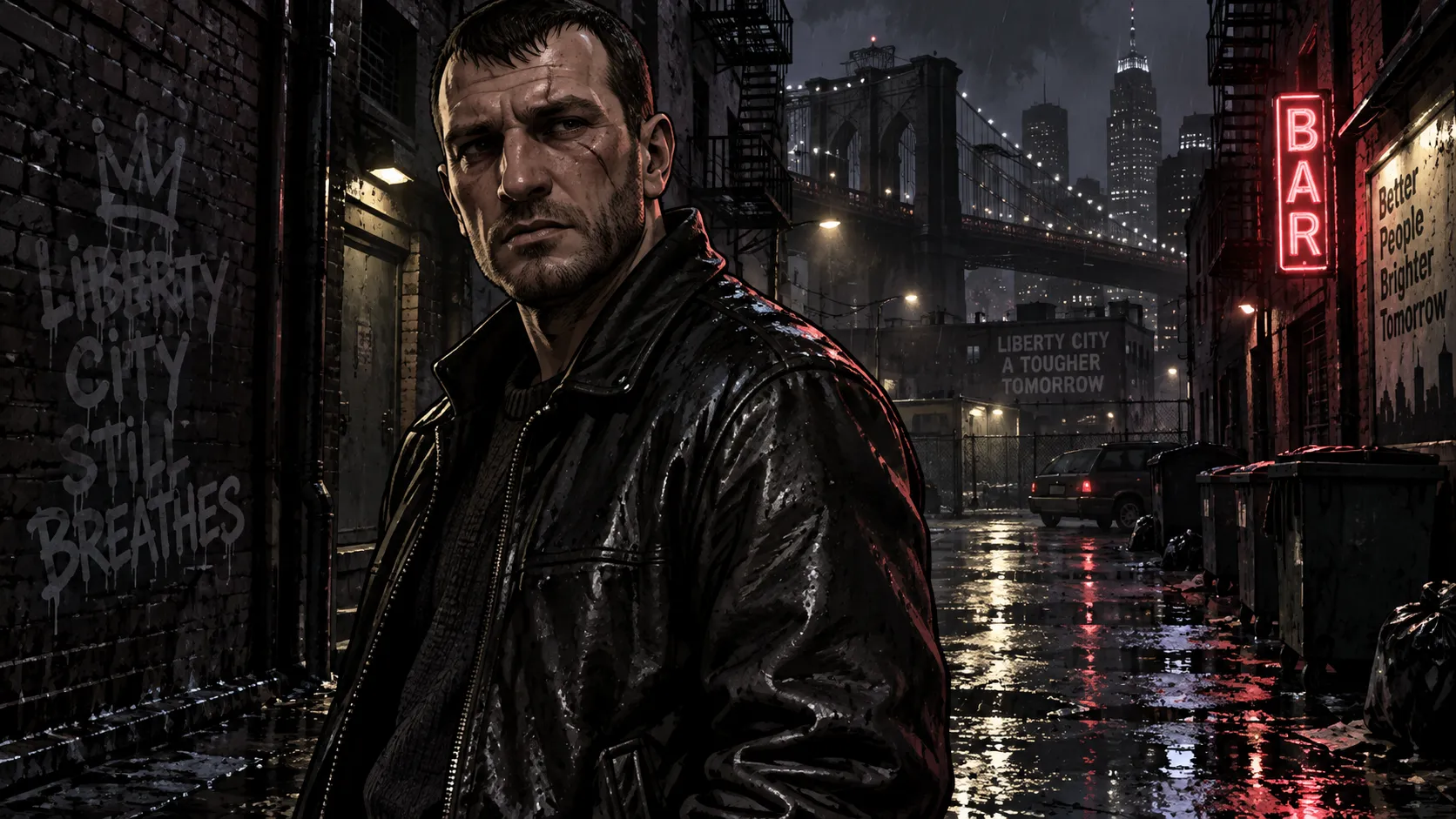 Gritty realistic portrait of a Eastern European immigrant man in his 30s, scarred face, weary eyes, black leather jacket, standing in a rainy Liberty City alley at night, neon signs reflecting on wet asphalt, GTA IV loading screen art style, bold black outlines, high contrast, moody cinematic lighting