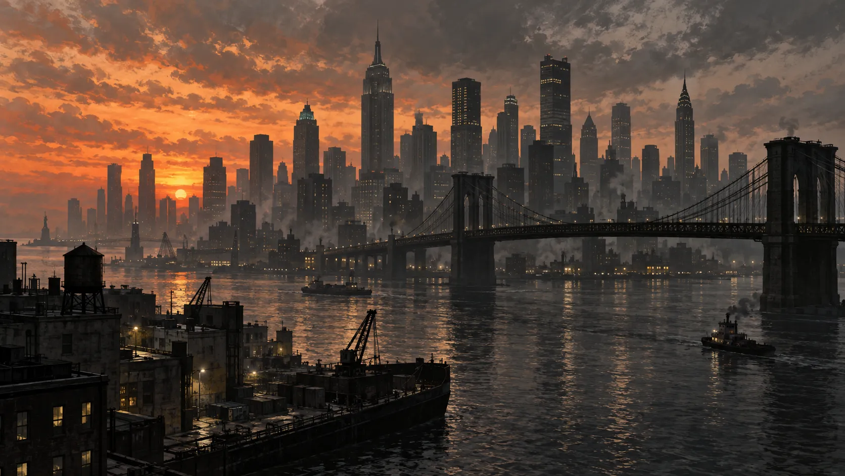 Brooding dusk skyline of Liberty City, fictional New York-inspired metropolis, towering skyscrapers, Broker Bridge silhouette, orange and grey cloudy sky, industrial haze, GTA IV cover art illustration style, painterly brush strokes, dramatic atmosphere