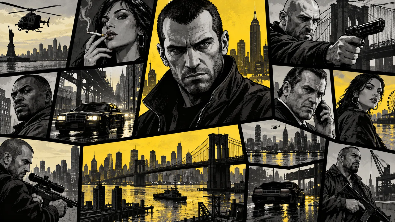 GTA IV style cover art collage, multiple panels of characters and scenes, black and white with yellow accents, comic book panel layout, silhouettes of cars, guns, cityscapes, bold graphic design, Rockstar Games box art aesthetic