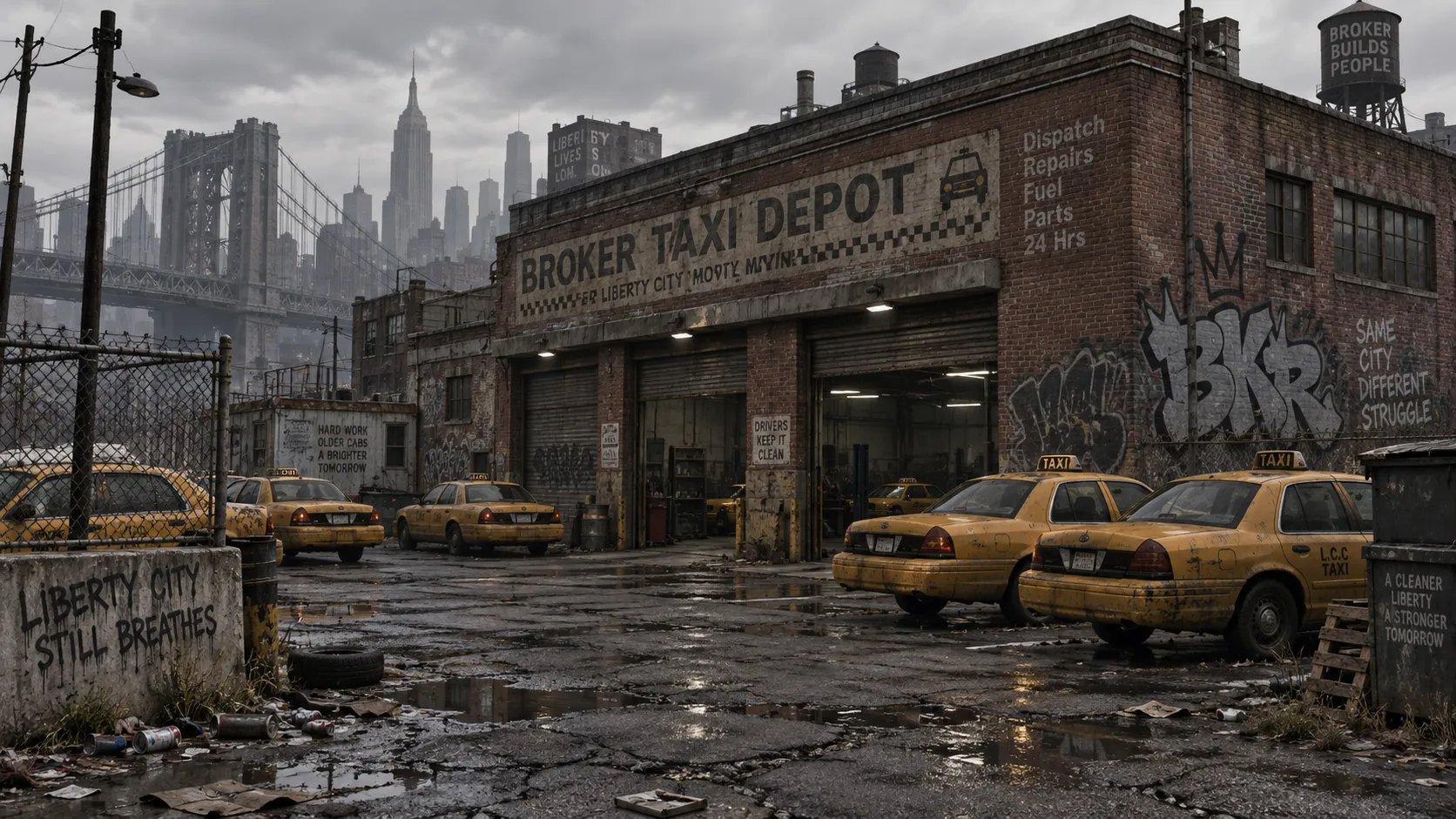 Run-down taxi depot in Broker, Liberty City, yellow cabs parked outside, brick warehouse, graffiti walls, overcast daylight, 2000s urban decay, GTA IV environment concept art, muted color palette