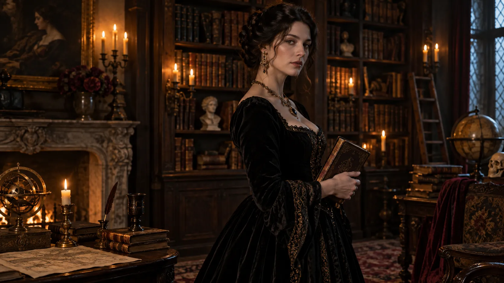 A highly detailed fantasy portrait of a mysterious European woman dressed in a Victorian-inspired dark velvet gown. She wears antique jewelry and stands inside an old library filled with wooden shelves, candles, and ancient books. Soft candlelight illuminates her face, creating dramatic shadows. Fine art portrait photography, Renaissance painting atmosphere combined with realistic camera details.