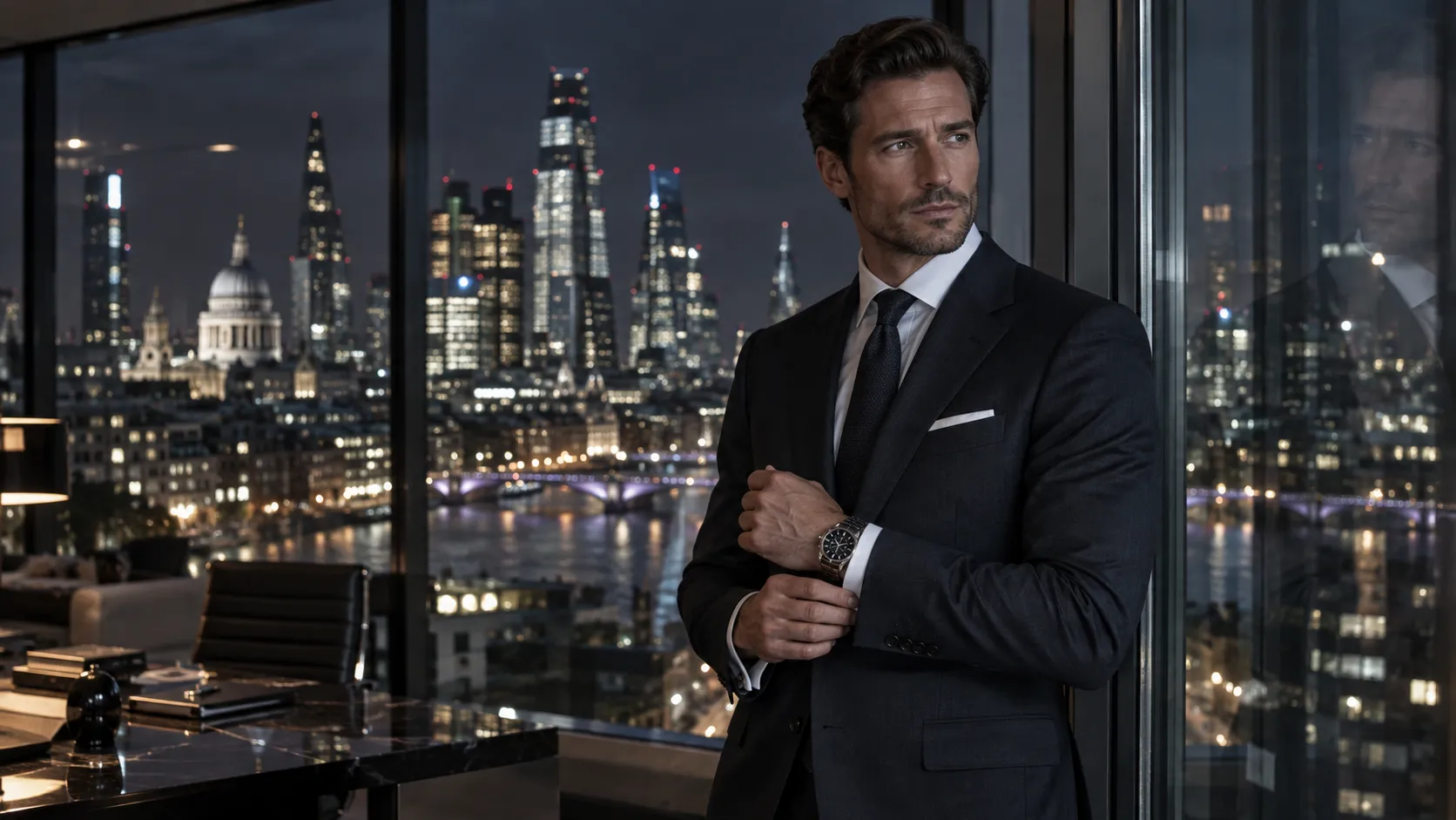 A premium commercial portrait of a sophisticated European businessman wearing a luxury watch and tailored dark suit. He stands inside a modern glass office overlooking a city skyline at night. Reflections from skyscrapers create elegant lighting across his face. Professional advertising photography, Hasselblad camera, 85mm lens, luxury brand campaign style, ultra-realistic skin texture.