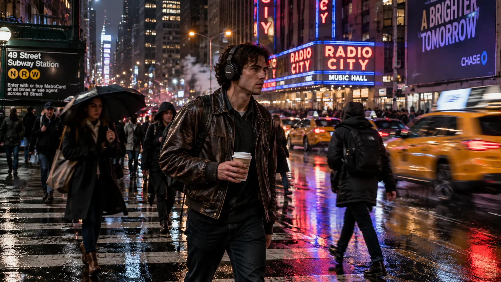 A candid street photograph of a young American man walking through Manhattan during a rainy evening. He wears a vintage leather jacket and headphones, carrying a coffee cup while crossing a busy intersection. Neon signs reflect on wet pavement, taxis create colorful motion blur, and pedestrians move around him naturally. Shot with a Leica street photography style, 35mm lens, cinematic realism, authentic urban atmosphere.
