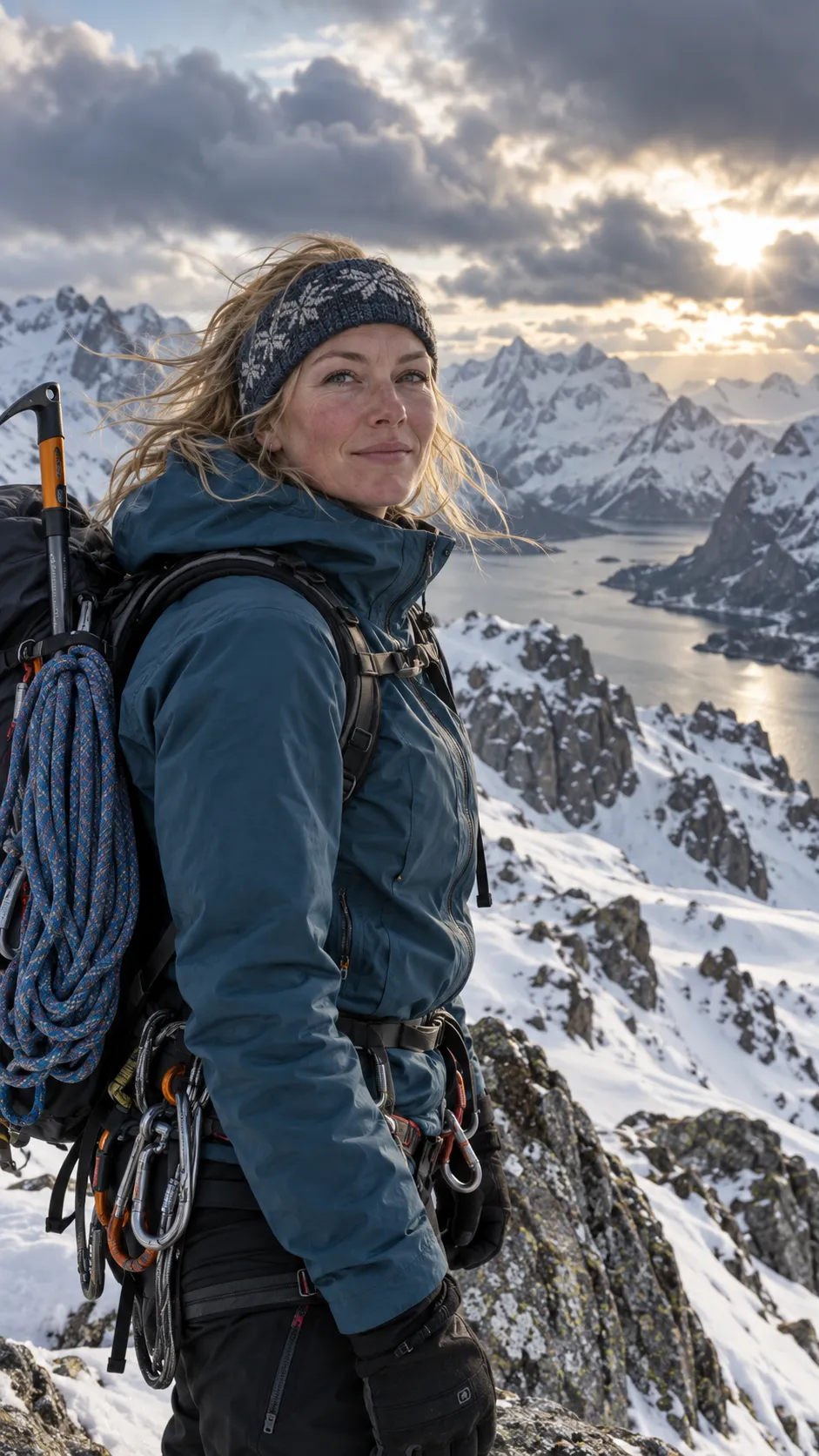 A realistic outdoor portrait of a Norwegian female mountain guide standing beside a snowy mountain landscape. She wears professional hiking gear, a waterproof jacket, and carries climbing equipment. Wind blows through her hair while dramatic clouds move above the peaks. Shot with a full-frame camera, natural lighting, adventure magazine photography, realistic outdoor atmosphere.