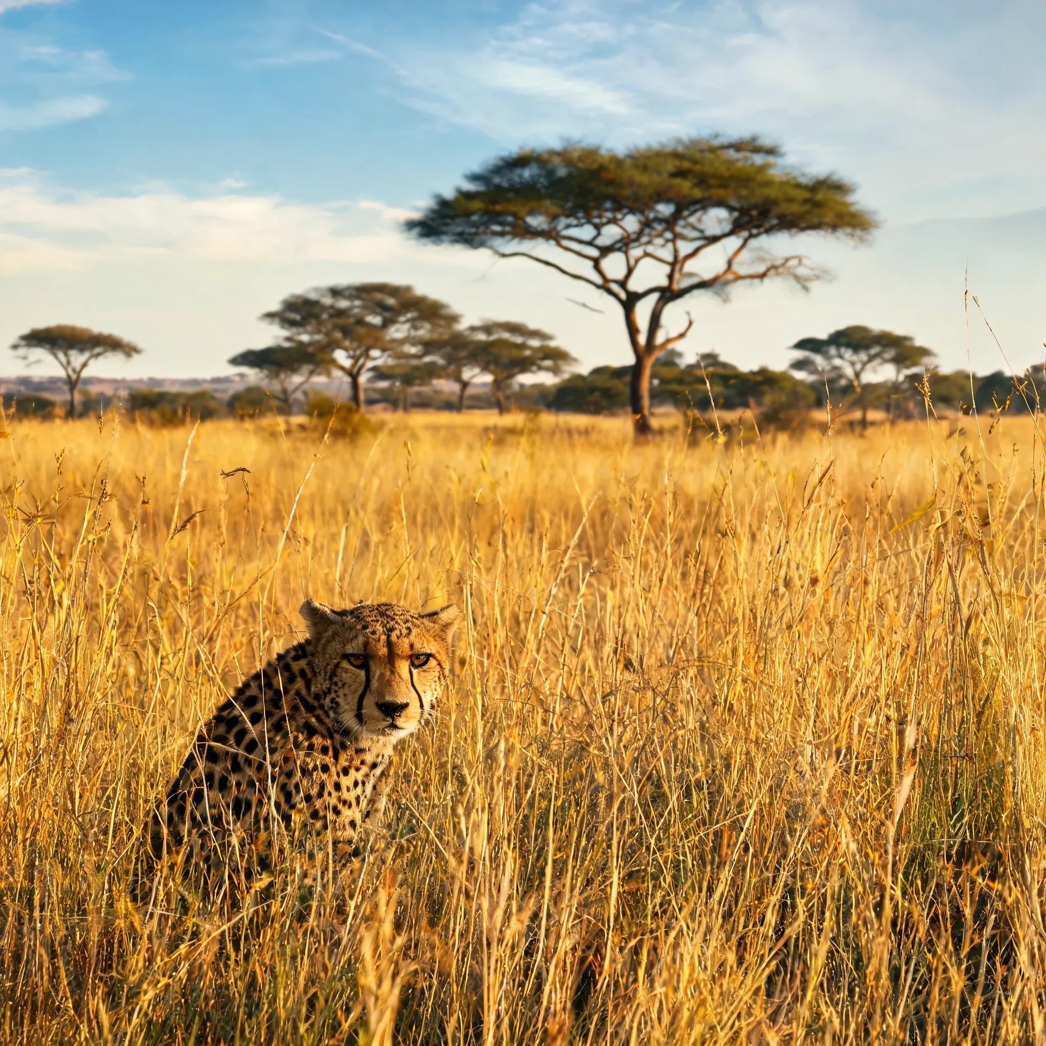 A cheetah on the African savannah, its sharp gaze fixed, silently lurking in the golden grass.