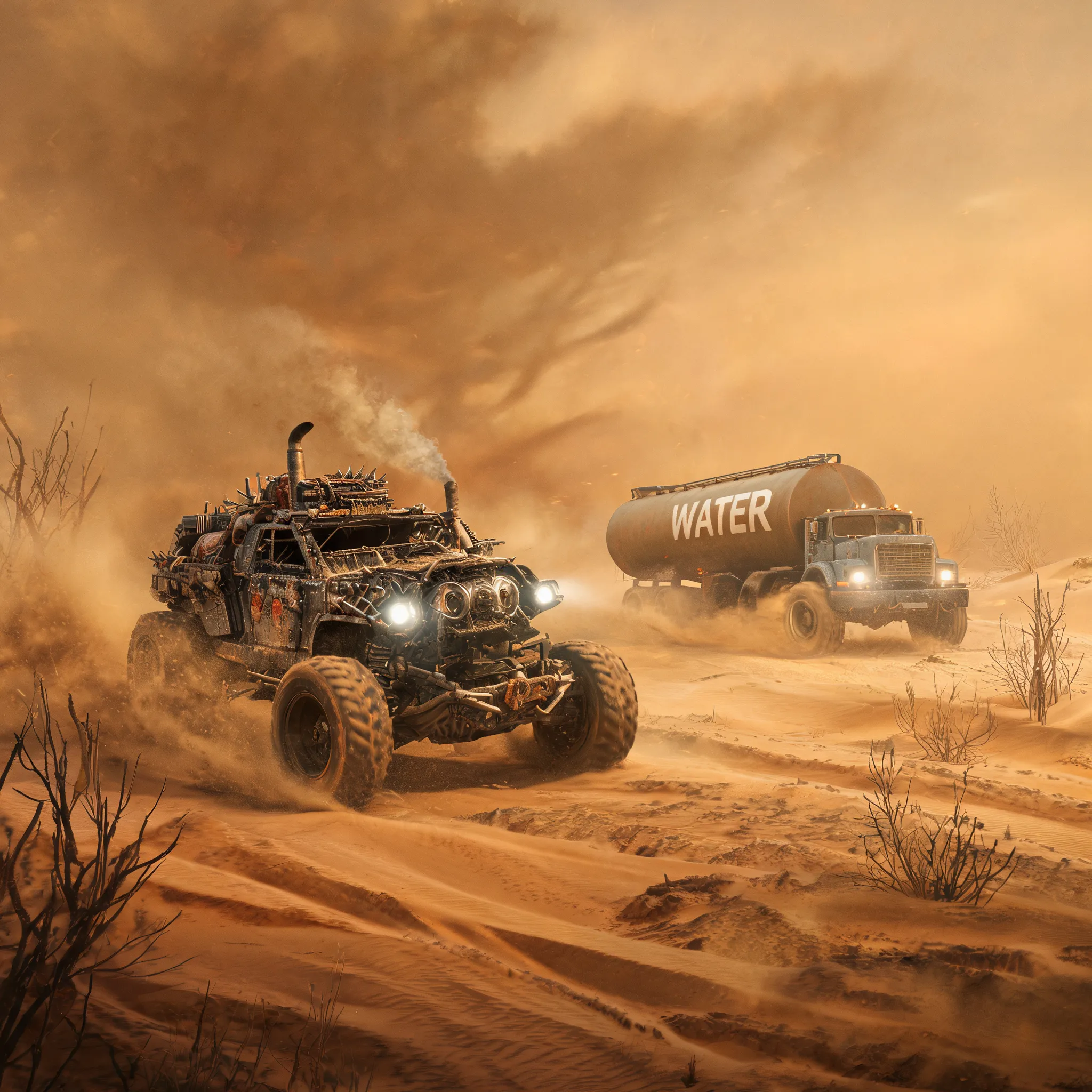 A modified war vehicle chases the last water supply through a sandstorm in the post-apocalyptic wasteland.