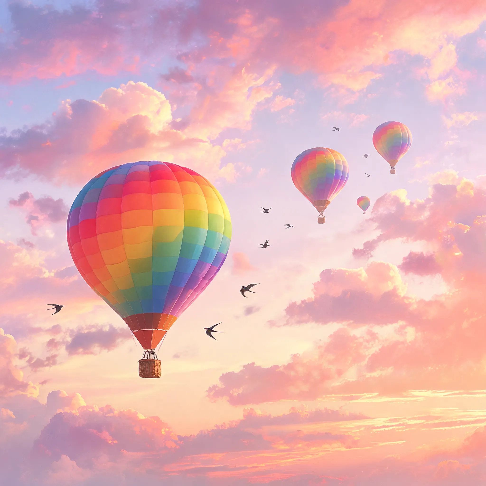 Whimsical hot air balloons floating through sunset clouds, rainbow colors bleeding together, birds flying alongside, dreamy atmospheric perspective