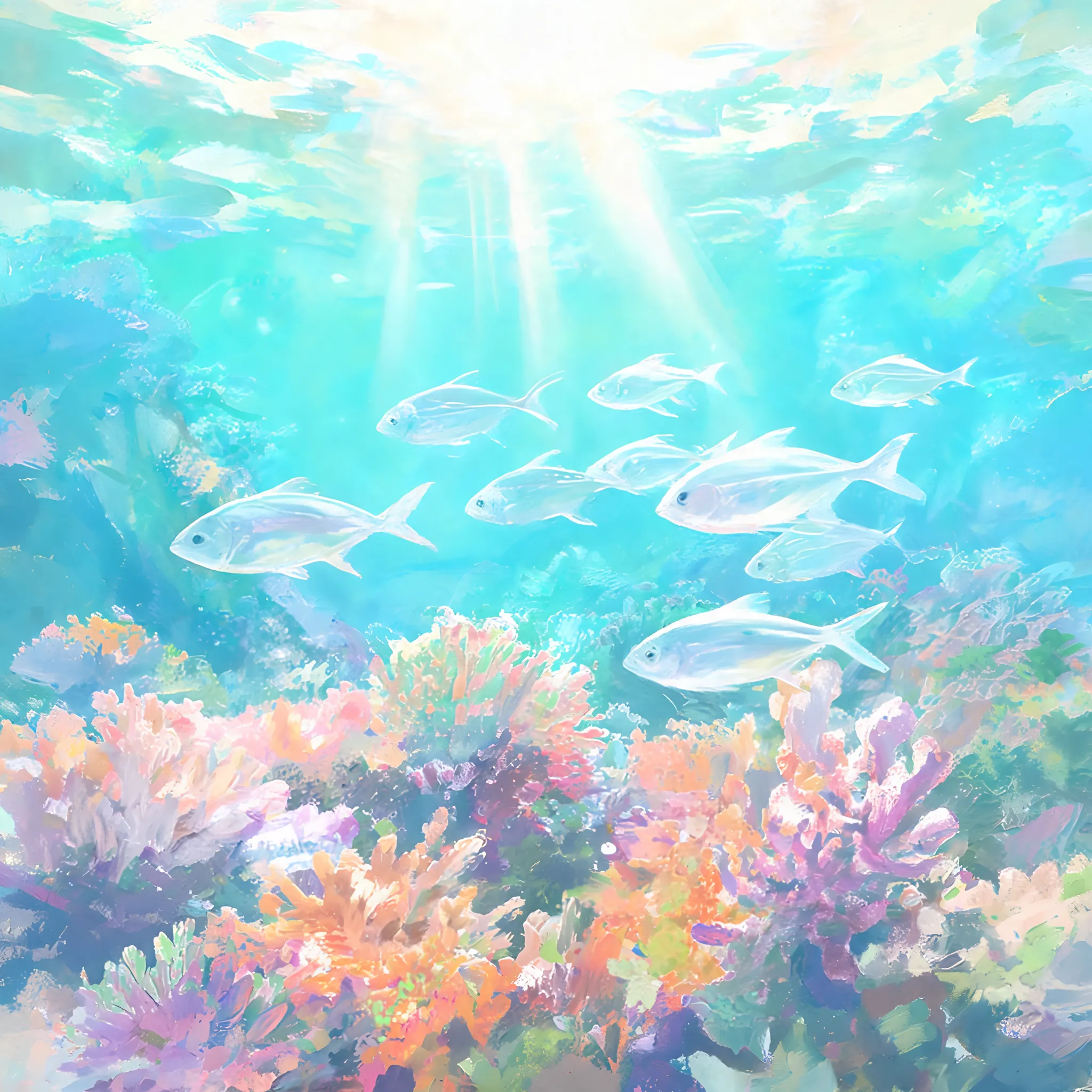 Underwater coral reef scene, translucent fish swimming through turquoise waters, sunlight filtering down, loose brushwork, flowing colors