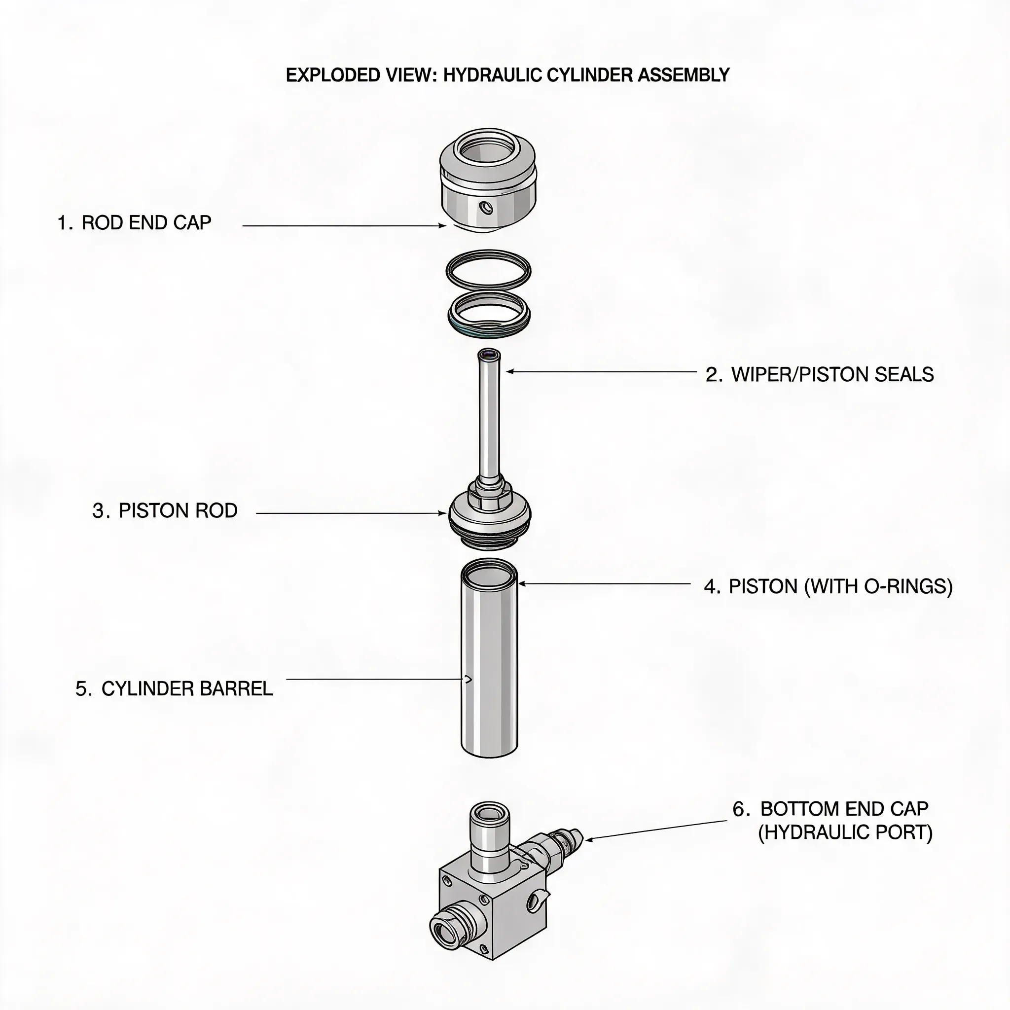 Industrial parts assembly, mechanical visualization, engineering details, exploded view