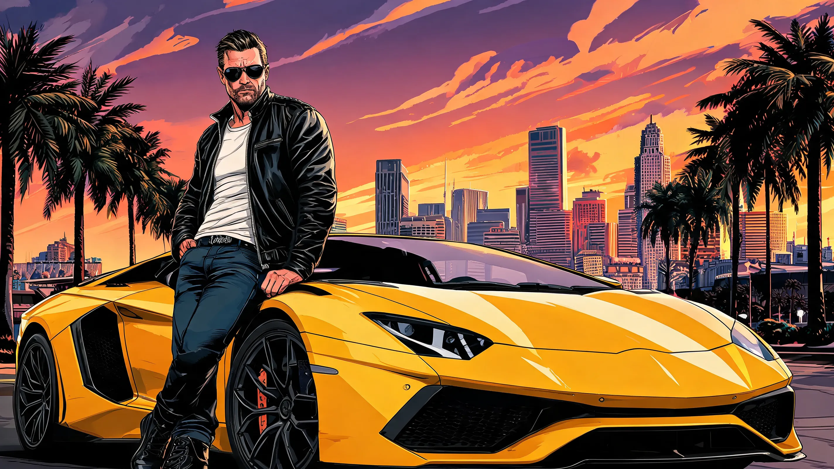 A stylish digital illustration in classic GTA 5 loading screen art style, a hardened criminal in a black leather jacket leaning against a yellow sports car, Los Santos skyline at sunset behind him, palm trees, bold comic-style shading, vibrant orange and purple color palette, high contrast, Rockstar Games aesthetic