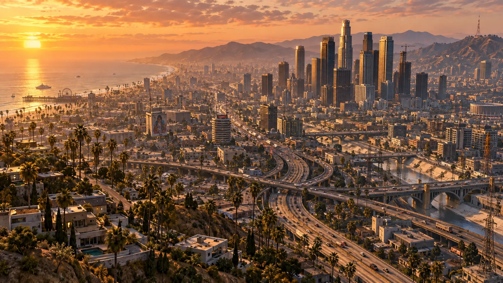 Aerial view of a sprawling fictional Los Angeles-inspired city at golden hour, downtown skyscrapers, winding freeways with tiny cars, palm tree-lined boulevards, beach coastline in the distance, GTA 5 map style, warm cinematic lighting, highly detailed game environment art