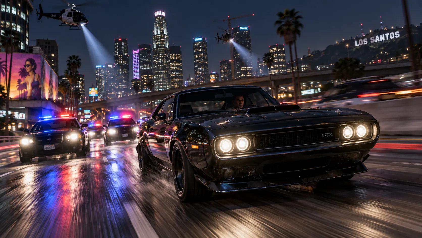 A black muscle car speeding down a Los Santos freeway at night, police cruisers with flashing red and blue lights in pursuit, helicopters overhead with searchlights, motion blur, neon city lights, cinematic action shot, GTA 5 screenshot style, ultra detailed
