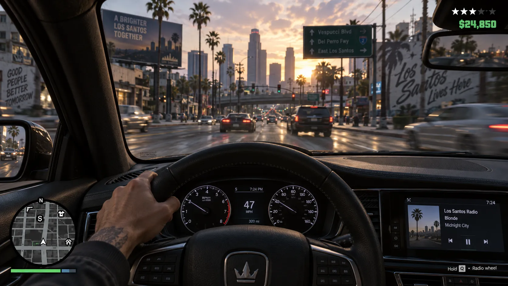 A first-person view from inside a car in a fictional city, GTA 5 style circular minimap in the corner, wanted stars, cash counter, health bar, radio wheel prompt, blurred city street ahead, immersive game UI mockup, realistic render