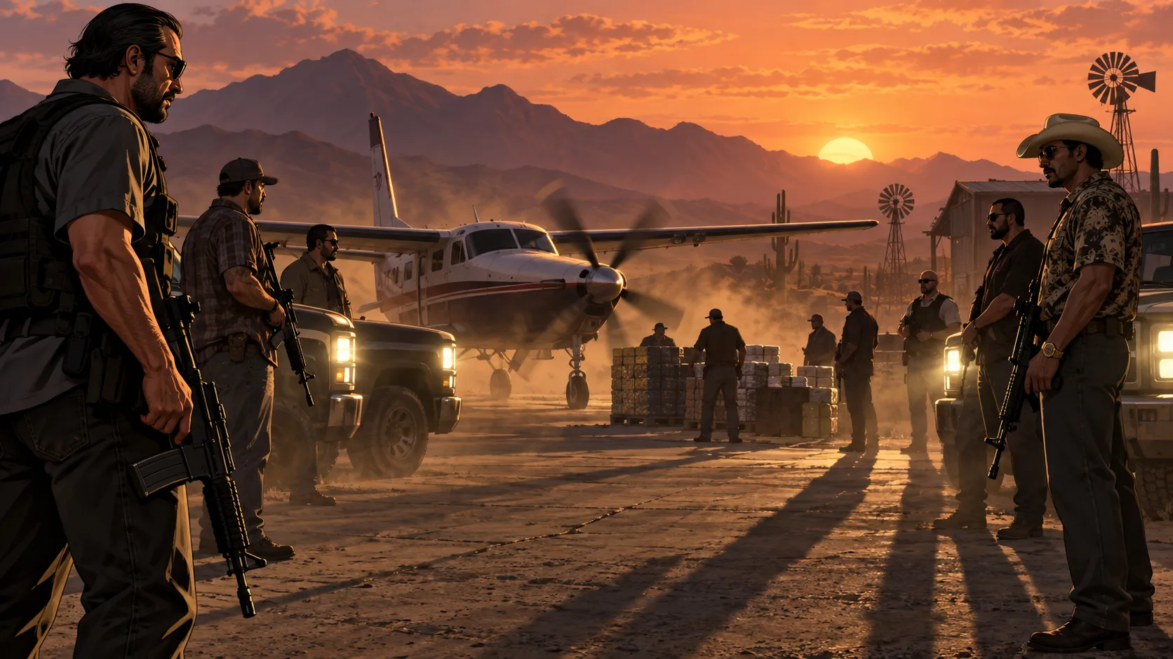 A shady drug deal at a dusty desert airstrip at dusk, a small plane with propellers spinning, two groups of armed men facing each other, pickup trucks with headlights on, long shadows, GTA 5 mission artwork style, gritty cinematic lighting, warm dusty tones