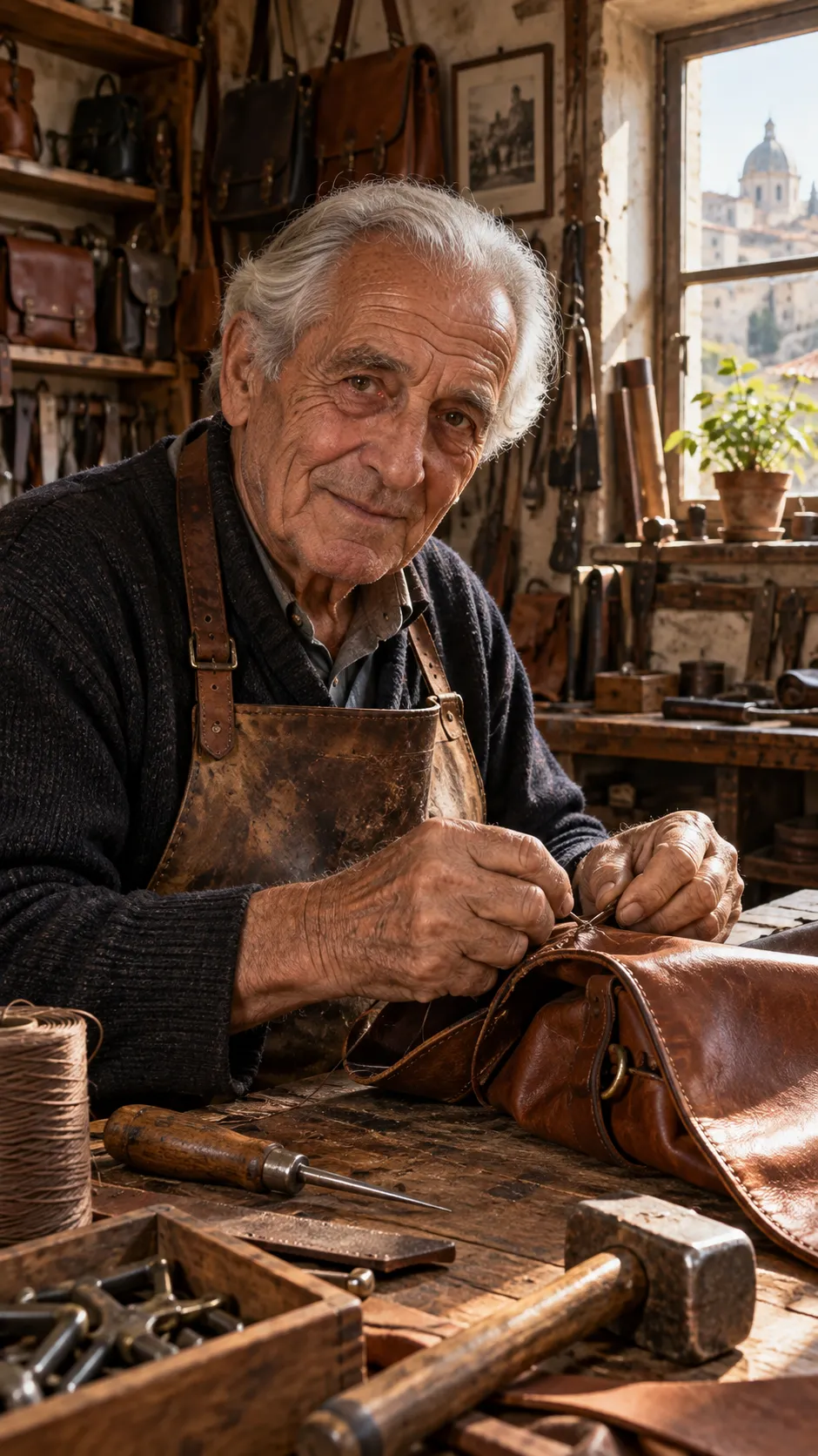 A realistic portrait of an elderly Italian leather craftsman inside his traditional workshop. He has silver hair, deep facial wrinkles, and warm expressive eyes. Surrounded by handmade leather bags, old tools, wooden shelves, and natural materials. Soft sunlight enters through a small window, highlighting his hands and face. Documentary photography style, Leica 35mm lens, authentic human emotion, cinematic realism.
