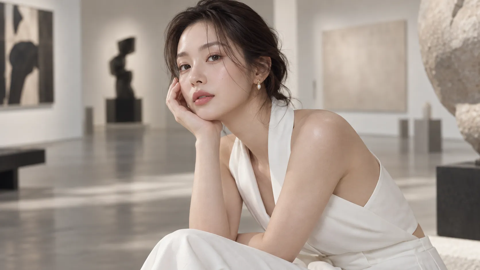 A modern Korean fashion beauty portrait of a young woman with clean natural makeup, smooth skin texture, and elegant styling. She wears a minimalist white outfit inside a contemporary art gallery. Soft diffused lighting, neutral background, subtle shadows, luxury skincare campaign aesthetic. Shot with an 85mm portrait lens, high-end beauty photography, realistic facial details.