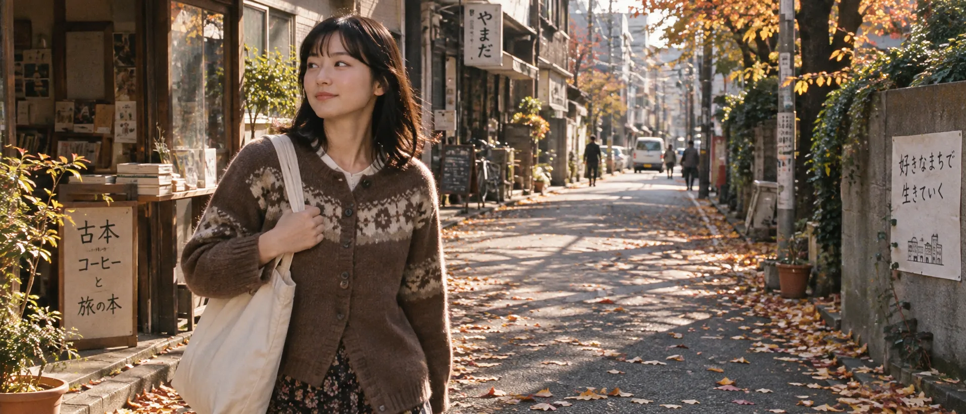 A nostalgic film photograph of a young Japanese woman walking through a quiet Tokyo neighborhood in autumn. She wears a vintage cardigan and carries a canvas bag. Fallen leaves cover the street, small shops line the background, and warm afternoon sunlight creates soft shadows. Shot on a 1990s film camera, Kodak Portra 400 style, subtle grain, realistic colors, everyday life photography.