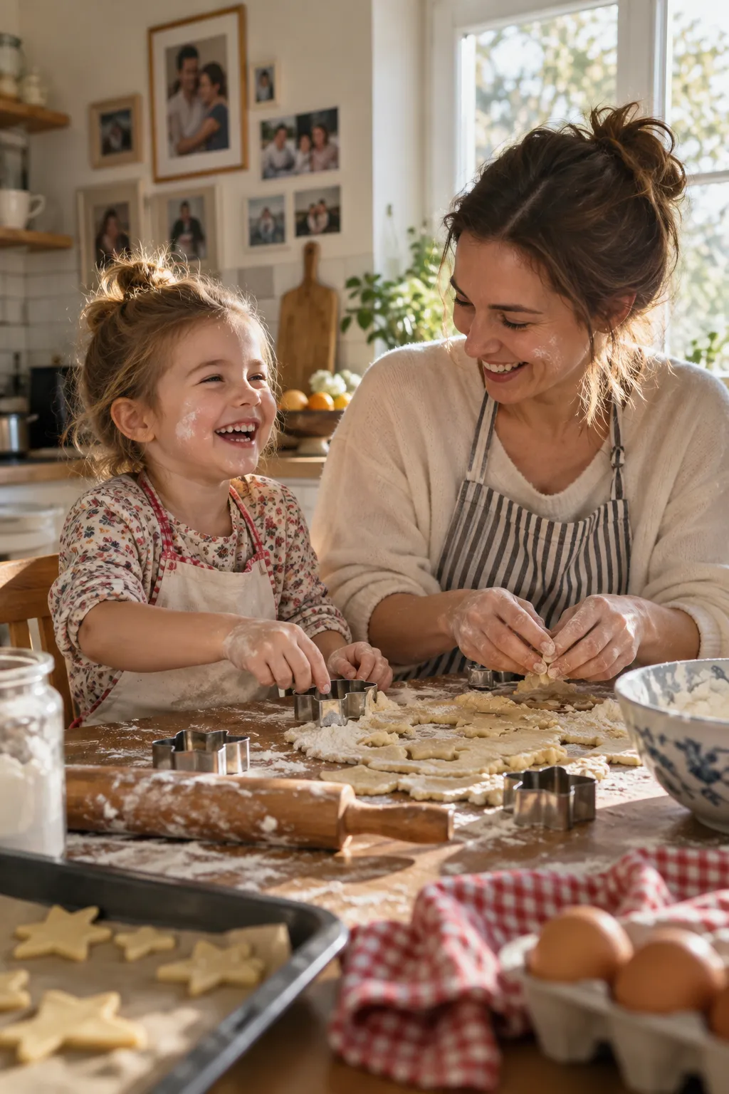A warm candid photograph of a European mother and her young daughter baking together in a bright home kitchen. They laugh naturally while preparing cookies, flour is scattered on the wooden table, sunlight enters through the window, and family photos decorate the background. Shot with a documentary photography style, natural emotions, realistic home environment, authentic family moment.