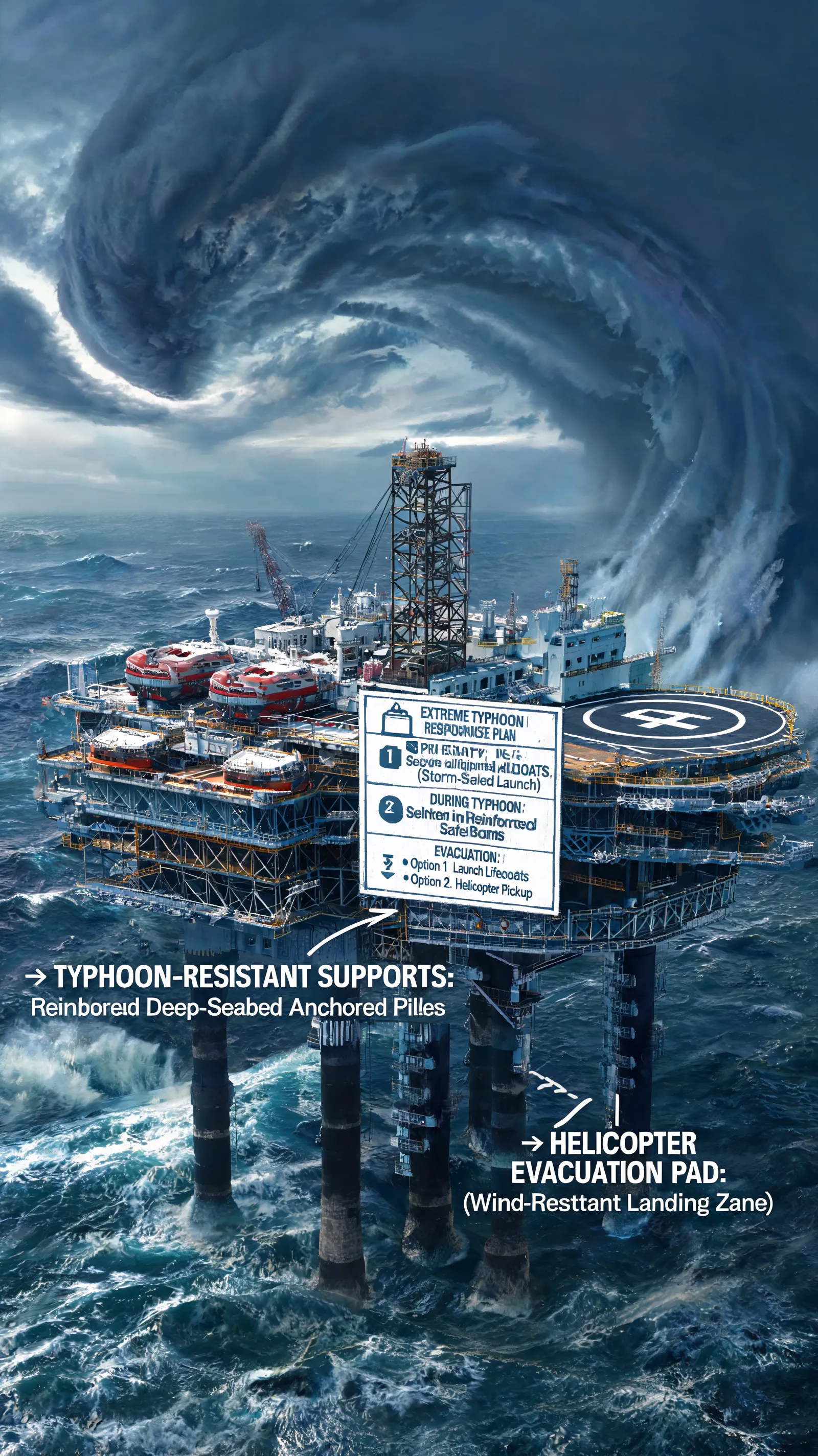 Offshore oil platform model showing typhoon-resistant support system and emergency evacuation facilities with extreme weather response plans