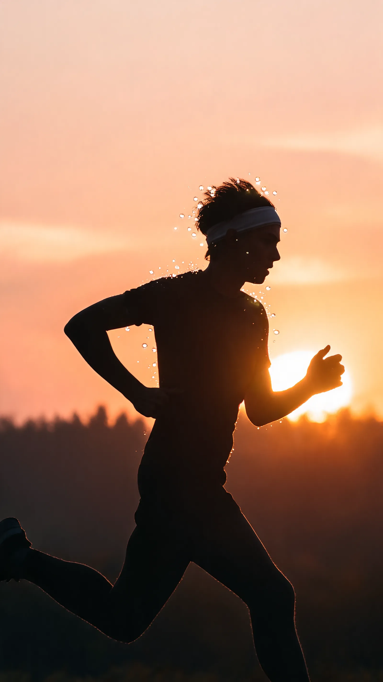 Morning jogger silhouette with backlight sweat droplets and sport headband