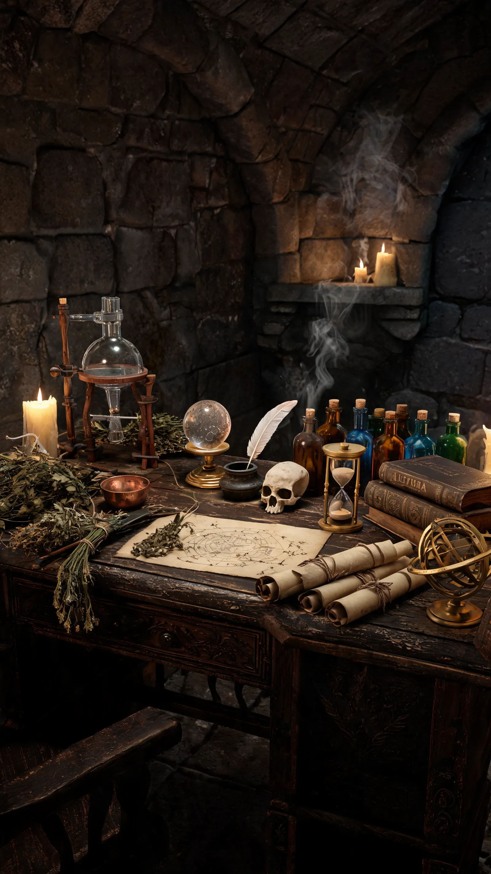 Medieval stone chamber, ancient oak desk, glass distillation apparatus, parchment scrolls, astronomical instruments, dried herb bundles, copper crucibles, crystal sphere, quill and inkwell, skull specimens, hourglass, alchemy books, candle smoke, colored glass bottles, celestial maps