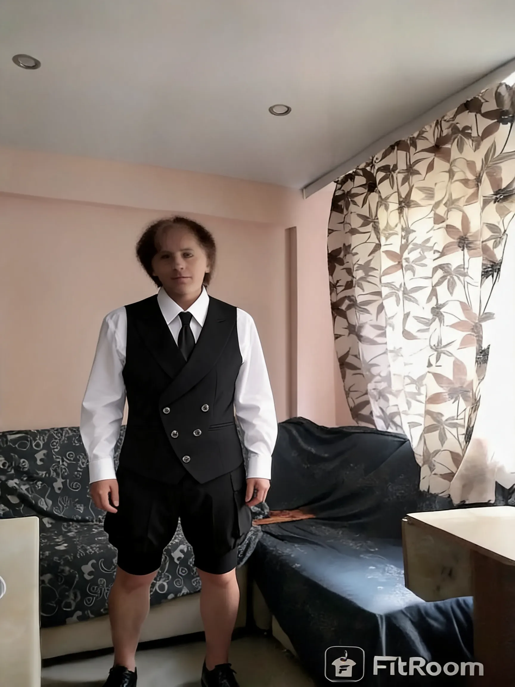 Try this clothing item on the person in the photo.