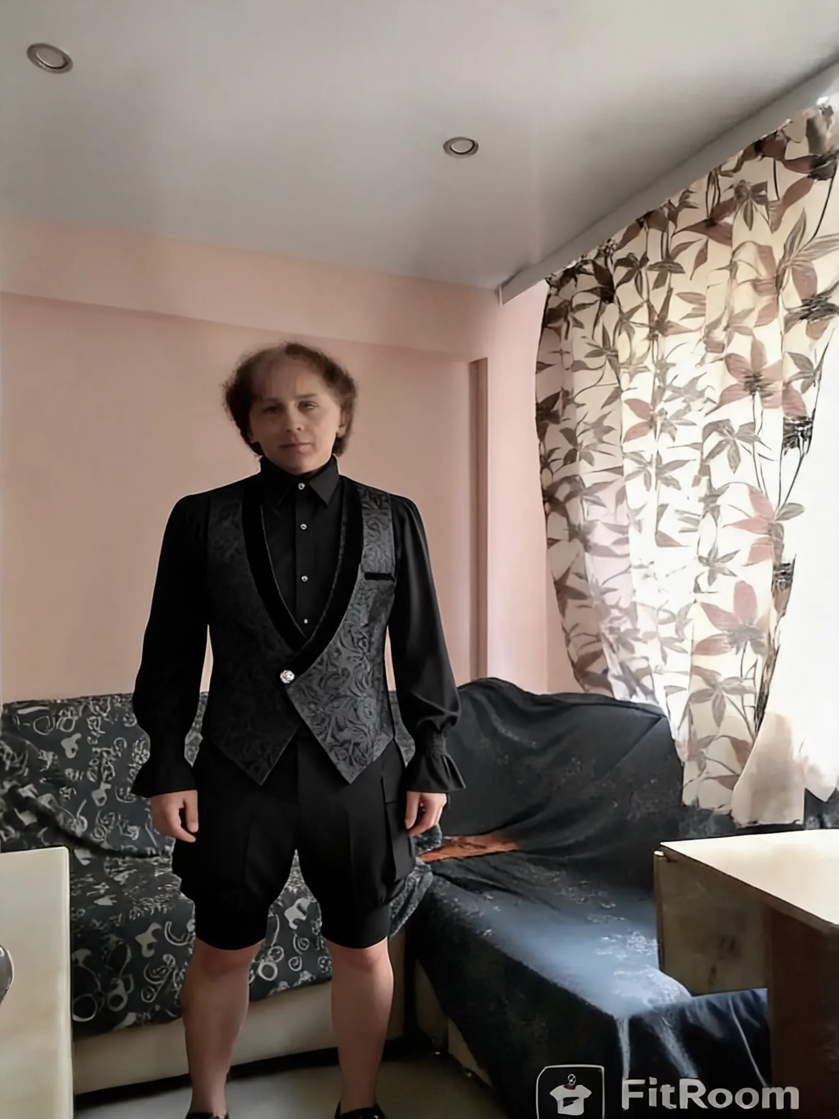 Try this clothing item on the person in the photo.