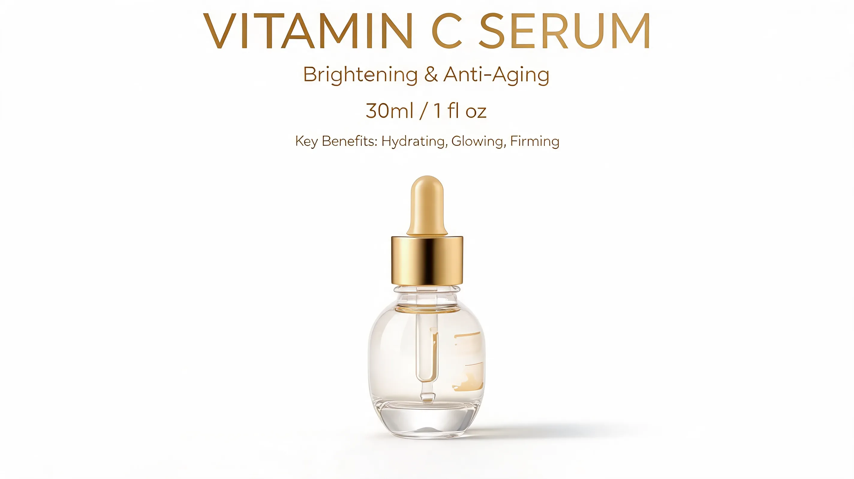 E-commerce product introduction image for a vitamin C serum, clean white background, glass dropper bottle in the center, soft studio lighting, minimal beige and gold color palette, English text on the image: “VITAMIN C SERUM”, “Brightening & Anti-Aging”, “30ml / 1 fl oz”, “Key Benefits: Hydrating, Glowing, Firming”, modern sans-serif typography, premium cosmetic advertisement, high resolution, square format.
