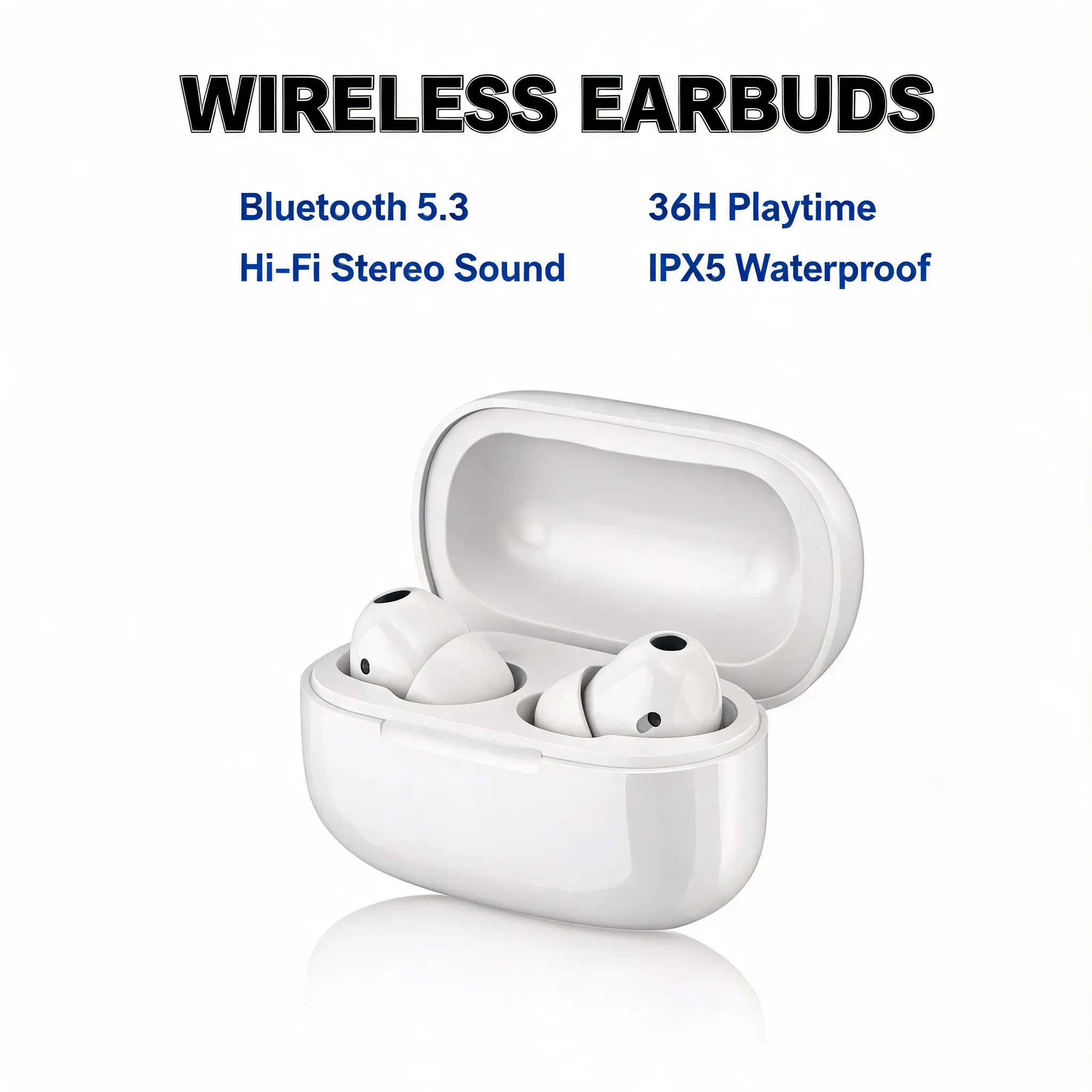 Amazon-style e-commerce product image for wireless earbuds, pure white background, charging case open with earbuds inside, subtle reflection, English text overlay: “WIRELESS EARBUDS”, “Bluetooth 5.3”, “36H Playtime”, “Hi-Fi Stereo Sound”, “IPX5 Waterproof”, bold black and blue typography, clean commercial photography, ultra sharp, 1:1 ratio.