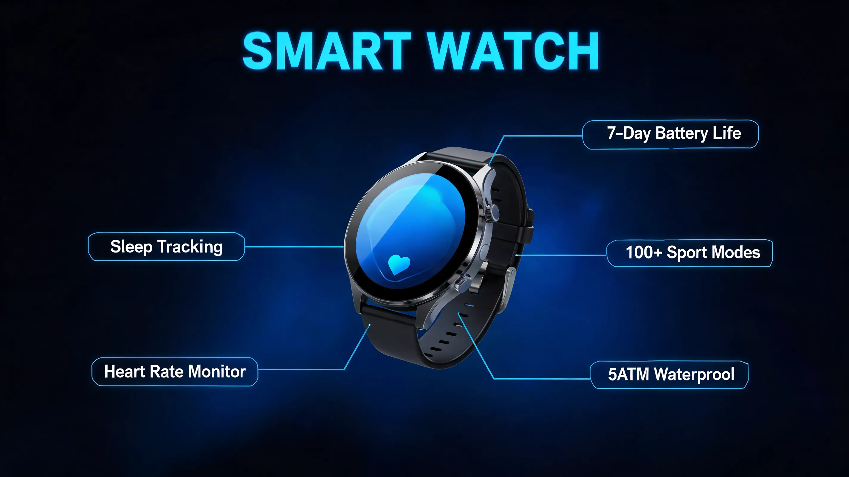 E-commerce product introduction infographic for a smart watch, dark gradient background, smart watch floating in the center, feature callouts with lines pointing to the product, English text labels: “SMART WATCH”, “Heart Rate Monitor”, “Sleep Tracking”, “100+ Sport Modes”, “7-Day Battery Life”, “5ATM Waterproof”, futuristic tech style, neon blue accents, professional product marketing design