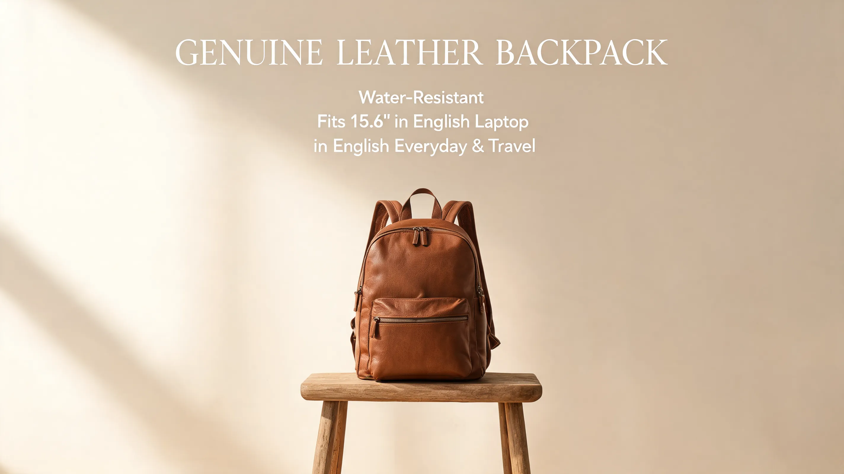 E-commerce product listing image for a brown leather backpack, lifestyle studio shot on a warm neutral background, backpack placed on a wooden stool, soft natural window light, English text overlay: “GENUINE LEATHER BACKPACK”, “Water-Resistant”, “Fits 15.6" Laptop”, “Everyday & Travel”, elegant serif and sans-serif font combination, premium fashion catalog style, high detail.