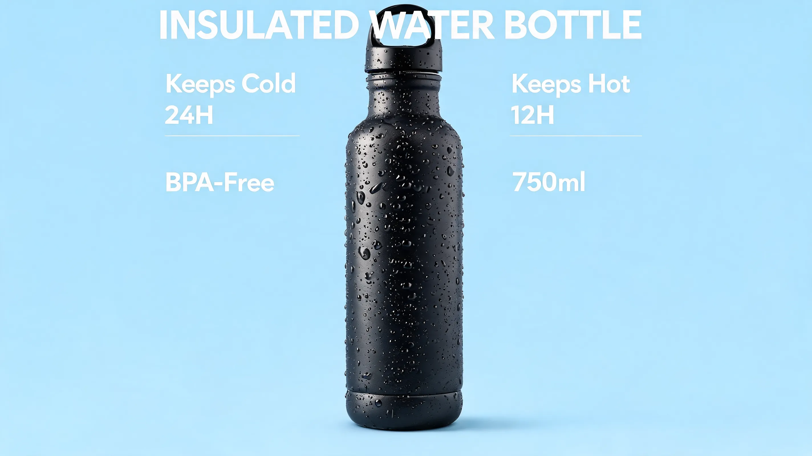 E-commerce product introduction image for an insulated stainless steel water bottle, clean pastel blue background, matte black bottle standing upright, water droplets on the surface, English text on the image: “INSULATED WATER BOTTLE”, “Keeps Cold 24H”, “Keeps Hot 12H”, “BPA-Free”, “750ml”, modern minimal layout, crisp product photography, commercial advertising style.