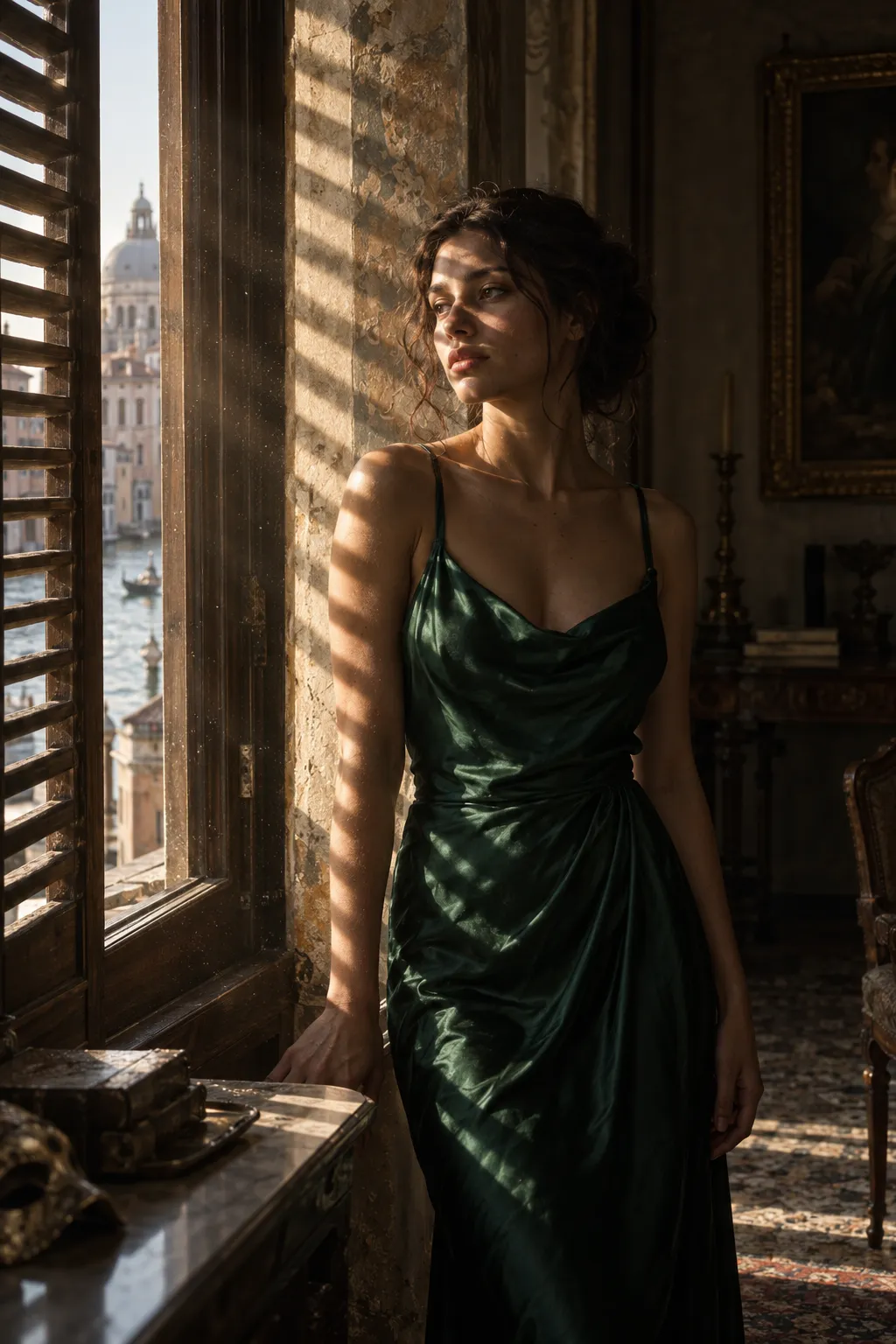 A sophisticated fine-art portrait of a young Italian woman standing inside a centuries-old Venetian apartment. She wears an elegant dark emerald silk dress and stands beside a tall antique window. Strong late-afternoon sunlight passes through partially closed wooden shutters, projecting sharp parallel bands of light and shadow across her face, neck, dress, and the aged plaster wall behind her. Dust particles are suspended visibly within the sunbeams. The rest of the room remains significantly darker, creating a dramatic high-contrast exposure. Her expression is calm and introspective, with realistic skin texture, subtle facial imperfections, natural flyaway hair, and physically accurate shadow transitions. Shot on a medium-format camera with an 80mm lens, fine-art editorial photography, natural cinematic color grading, realistic optics.