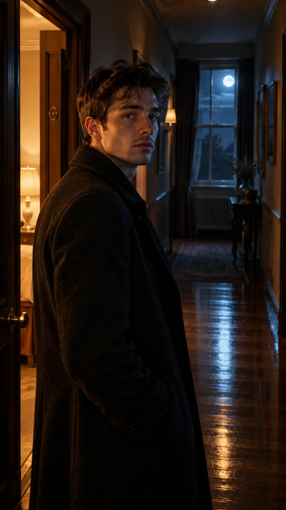 A realistic cinematic portrait of a young British man standing inside a narrow hotel corridor at night. Warm tungsten light spills from an open room behind him while cold blue moonlight enters through a window at the opposite end of the corridor. The two different color temperatures intersect across his face, producing warm orange illumination on one side and cool blue illumination on the other. His dark wool coat absorbs most of the ambient light while subtle highlights reveal its texture. Polished wooden floors reflect both light sources. Natural expression, realistic pores, imperfect hair, physically believable reflections and shadows. Shot on a full-frame cinema camera, 50mm lens, shallow depth of field.