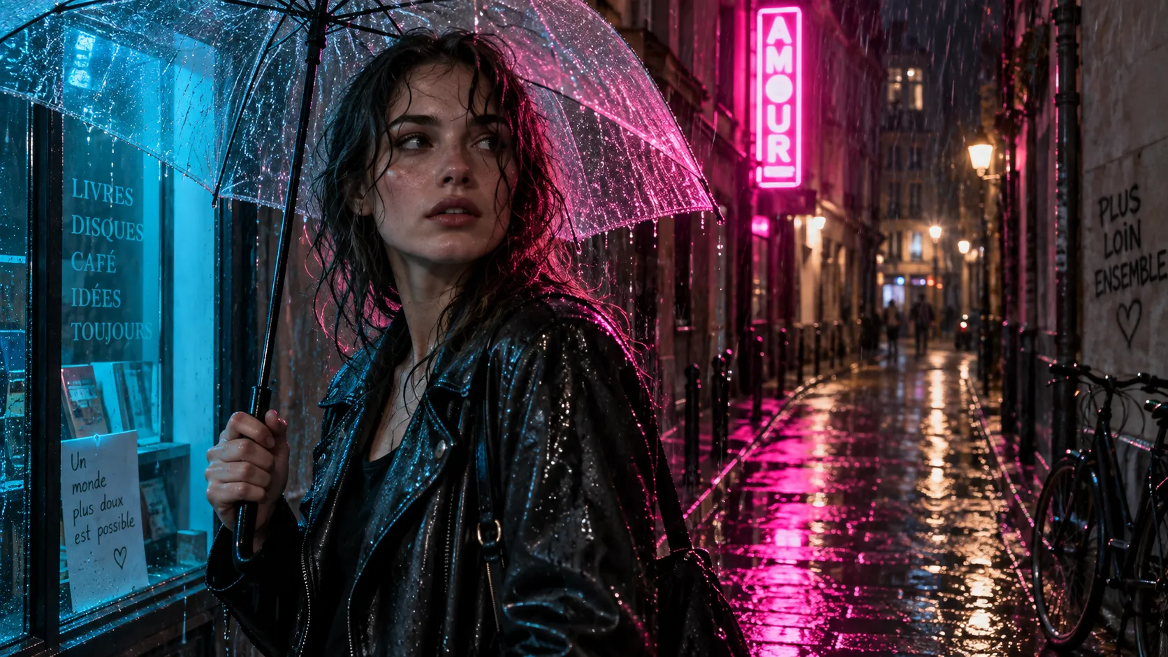 A cinematic street photograph of a young French woman standing under heavy rain in a narrow urban alley at night. She wears a black leather jacket and holds a transparent umbrella. A powerful magenta neon sign behind her creates a strong rim light around her wet hair and shoulders, while a cyan storefront illuminates the front of her face. Individual raindrops are visible against the dark background, some catching neon highlights. Water runs naturally across the umbrella and jacket, and the wet pavement produces broken reflections rather than perfect mirror reflections. Authentic human proportions, realistic skin, candid expression, cinematic night photography.