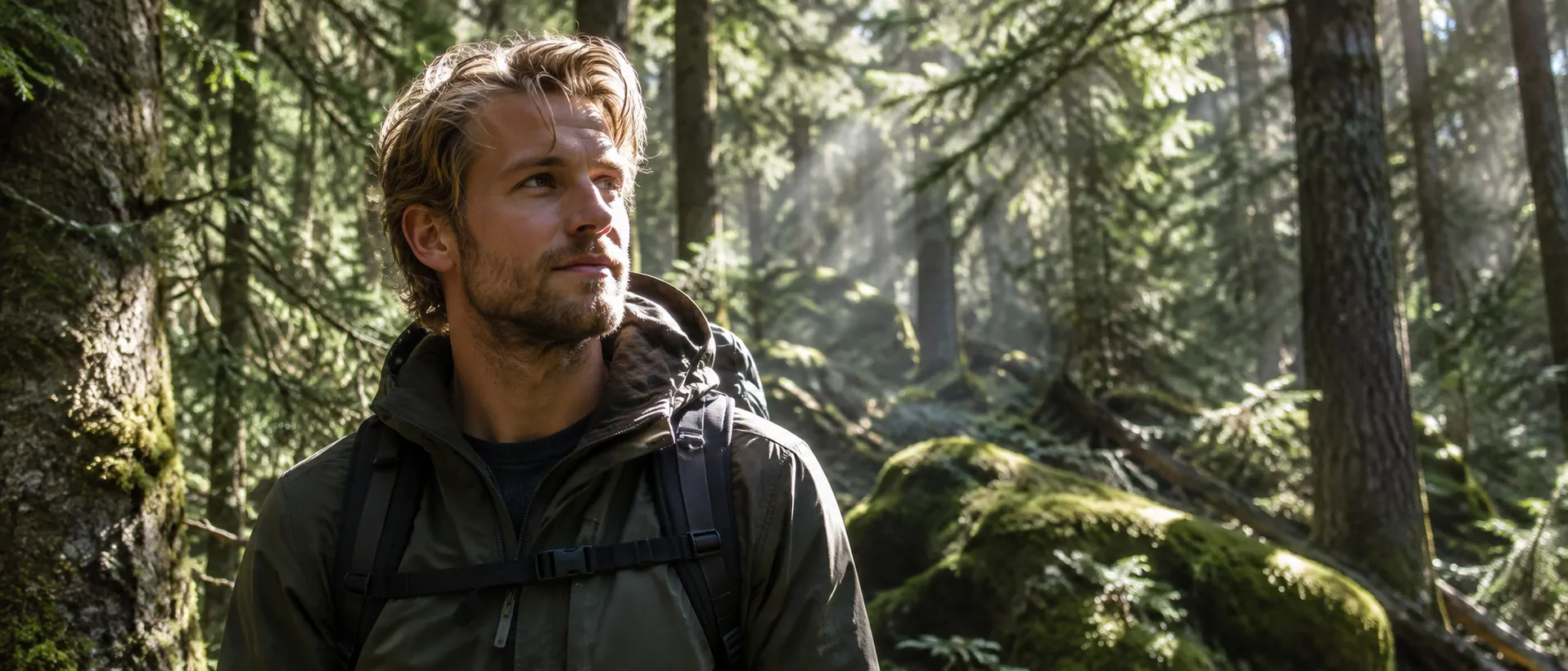 A natural outdoor portrait of a young Scandinavian man standing deep inside a dense forest during late morning. Sunlight passes through layers of leaves above him, creating irregular patches of bright illumination across his face, hair, jacket, and surrounding vegetation. Some parts of his face are brightly exposed while others fall naturally into soft shadow. The background contains multiple layers of trees with atmospheric haze and subtle depth. His posture is relaxed and spontaneous rather than posed. Realistic skin texture, natural beard stubble, individual hair strands, documentary photography, 85mm lens, physically accurate outdoor lighting.