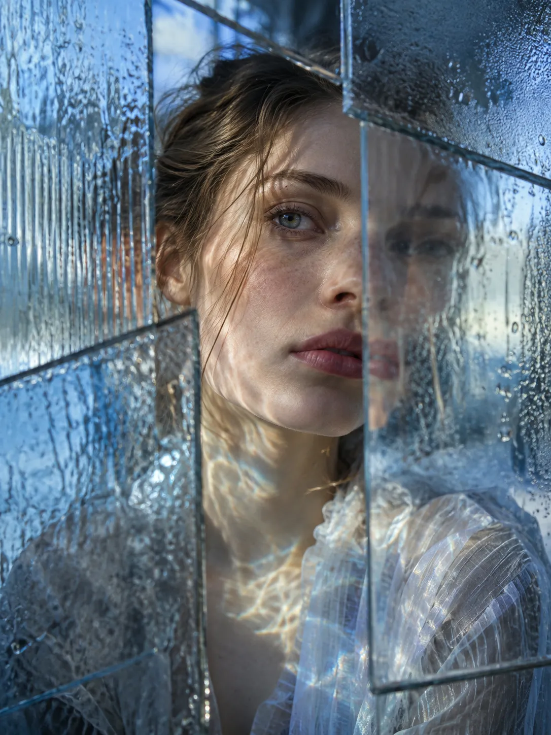 A conceptual portrait of a young German woman photographed through several irregular pieces of textured architectural glass. Her face is partially distorted by realistic optical refraction while some areas remain perfectly sharp. Blue morning light passes through the glass and creates subtle colored caustics across her skin and clothing. Tiny imperfections, fingerprints, scratches, and condensation are visible on the glass surface. Her expression remains natural and emotionally restrained. Experimental fashion photography, realistic optical physics, medium-format lens, high dynamic range, sophisticated editorial aesthetic.