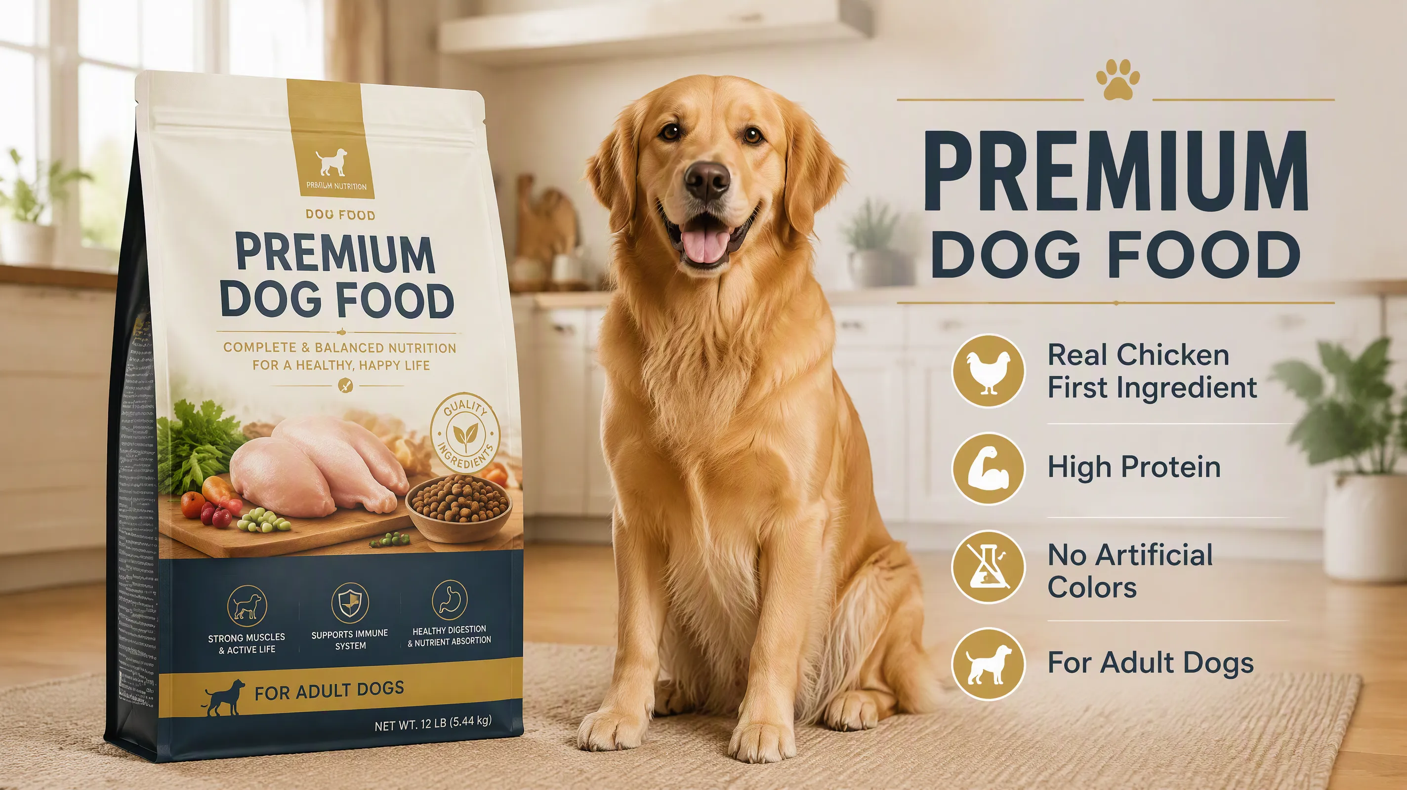 E-commerce product introduction image for premium dog food, standing pet food bag with a modern label, golden retriever sitting beside it, bright home kitchen background, warm and trustworthy mood, English text on the image: “PREMIUM DOG FOOD”, “Real Chicken First Ingredient”, “High Protein”, “No Artificial Colors”, “For Adult Dogs”, friendly commercial pet product advertising, high resolution.