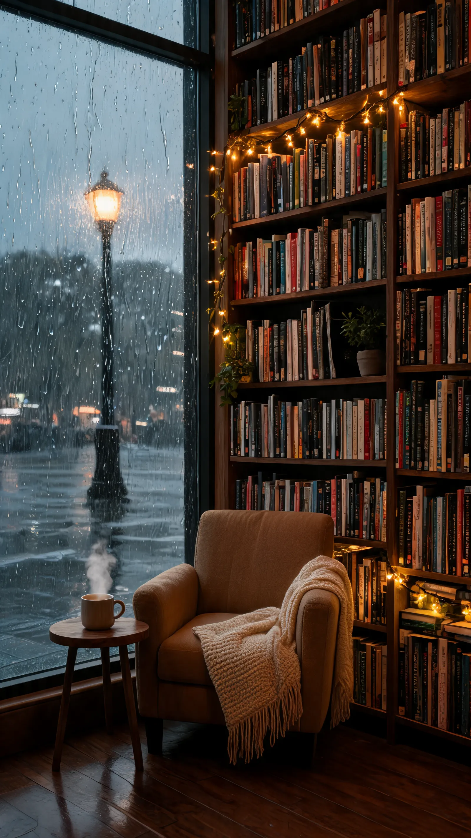 Corner of bookstore filled with book fragrance during rainy day