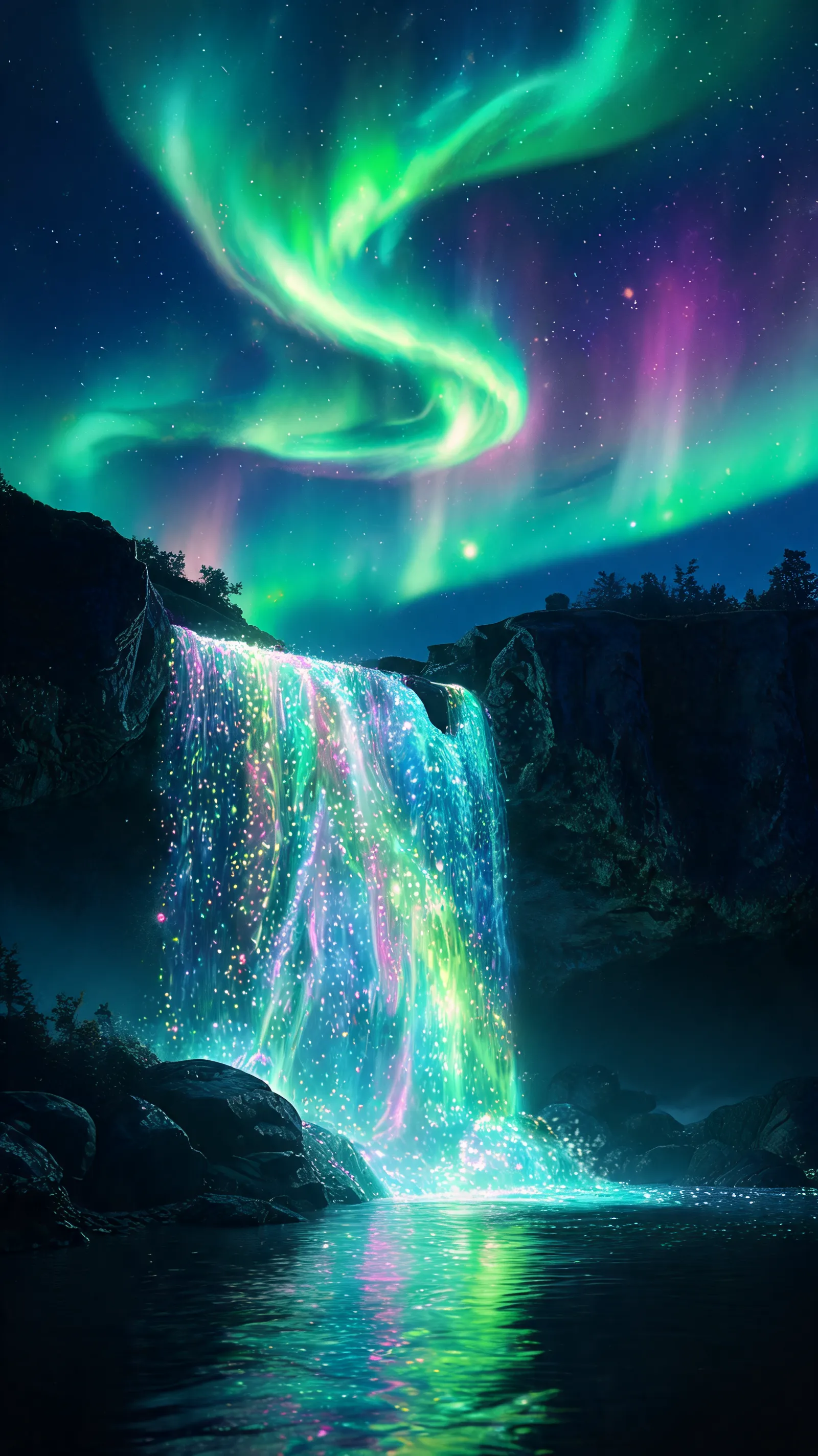 Aurora waterfall woven from photons
