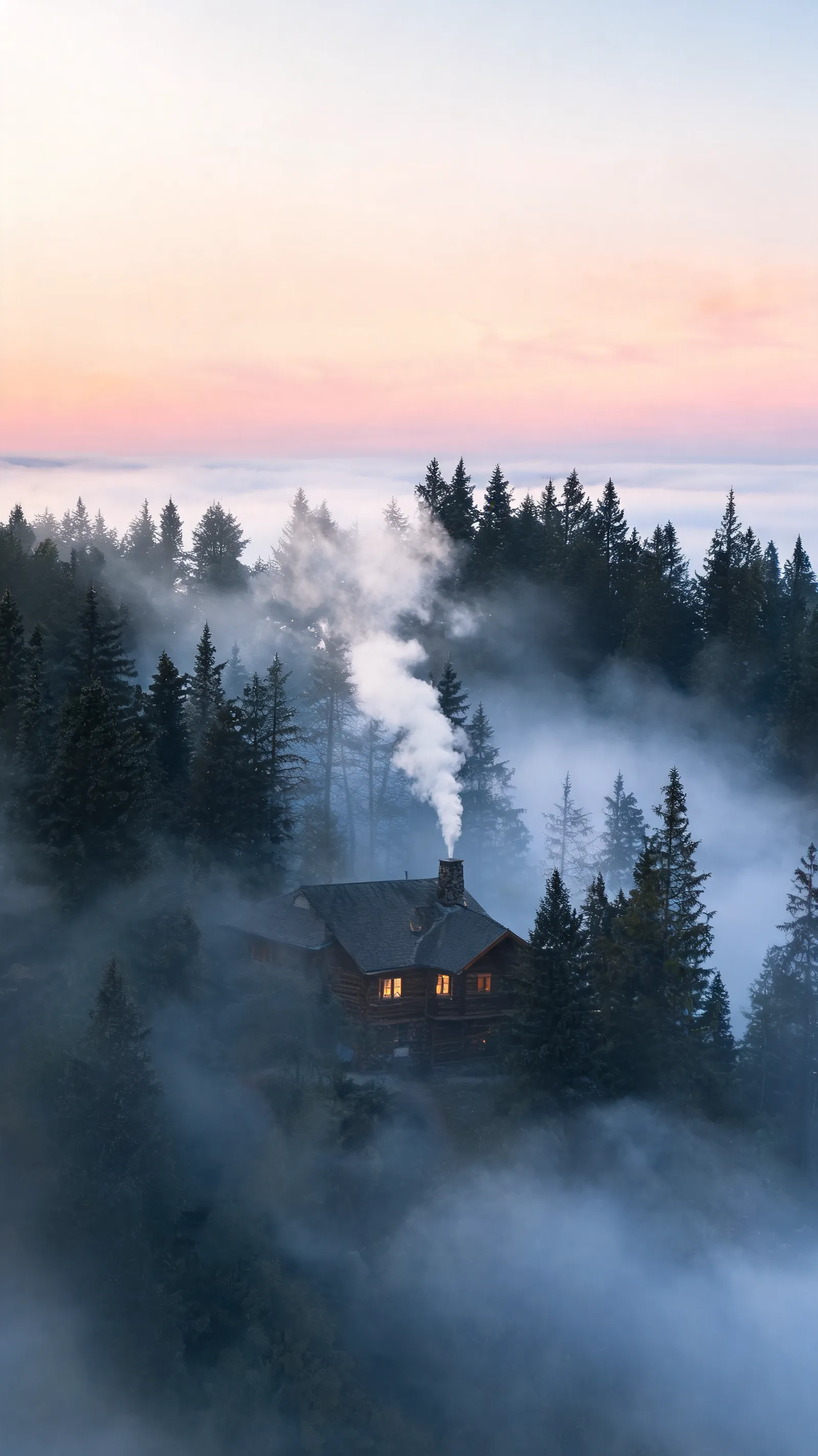 Morning mist with chimney smoke rising above pine forest cabin
