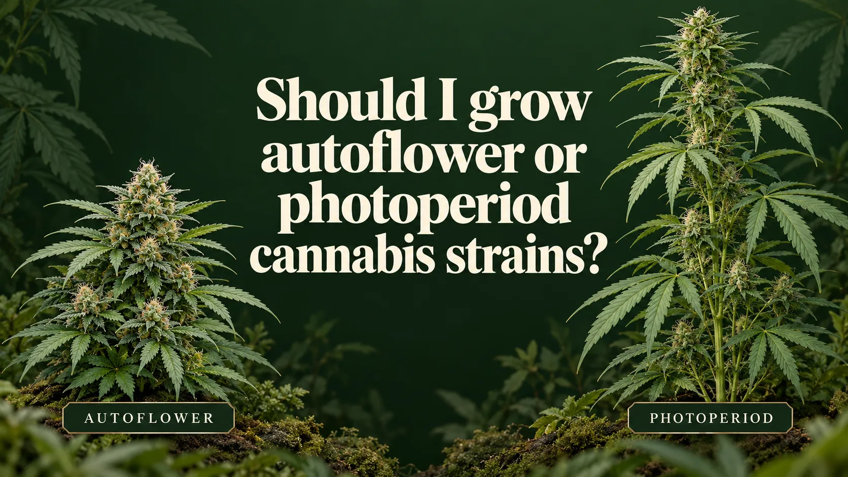 Create a blog post image asking a question: Should I grow autoflower or photoperiod cannabis strains?
