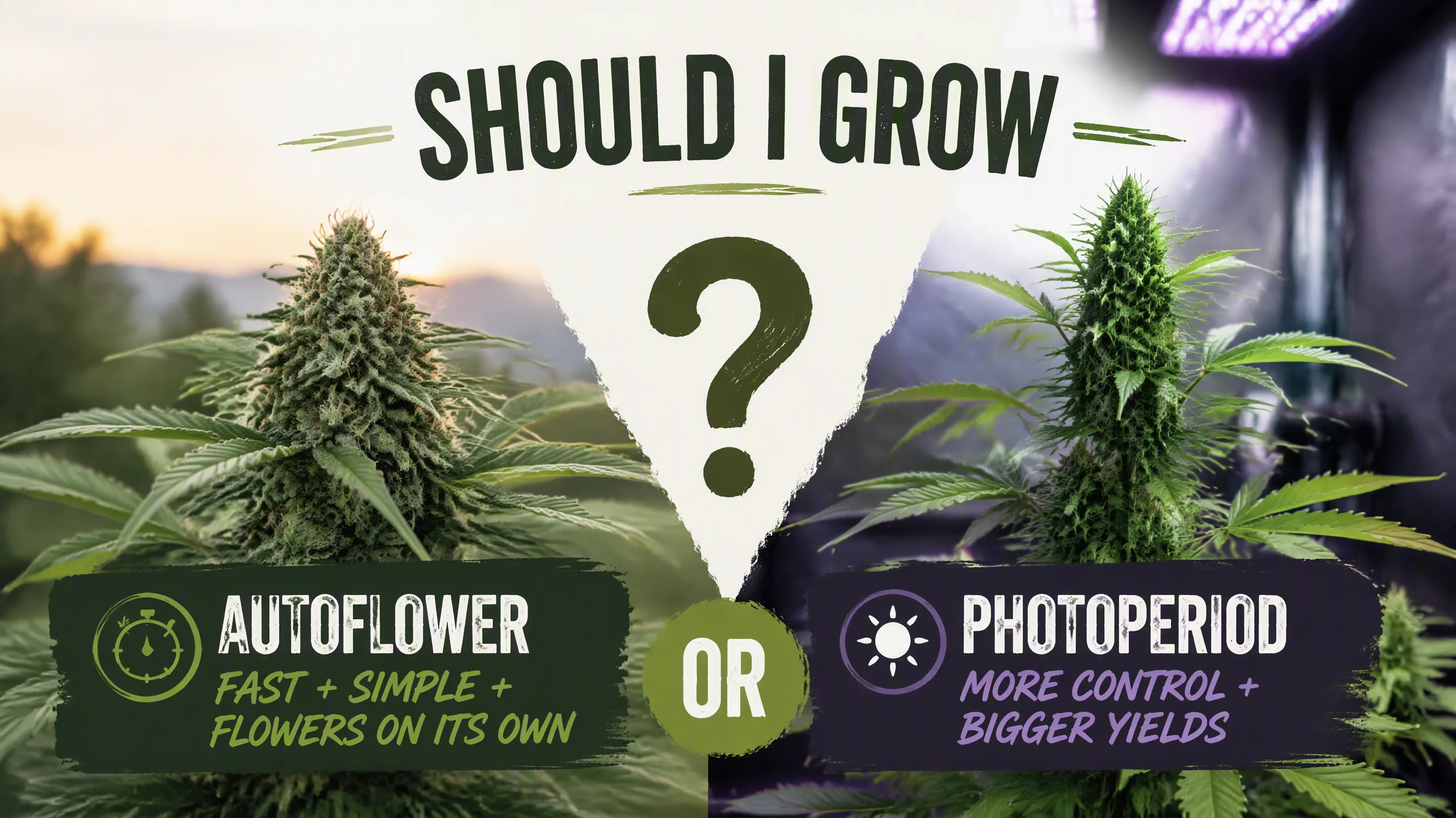 Create a blog post image asking a question: Should I grow autoflower or photoperiod cannabis strains?