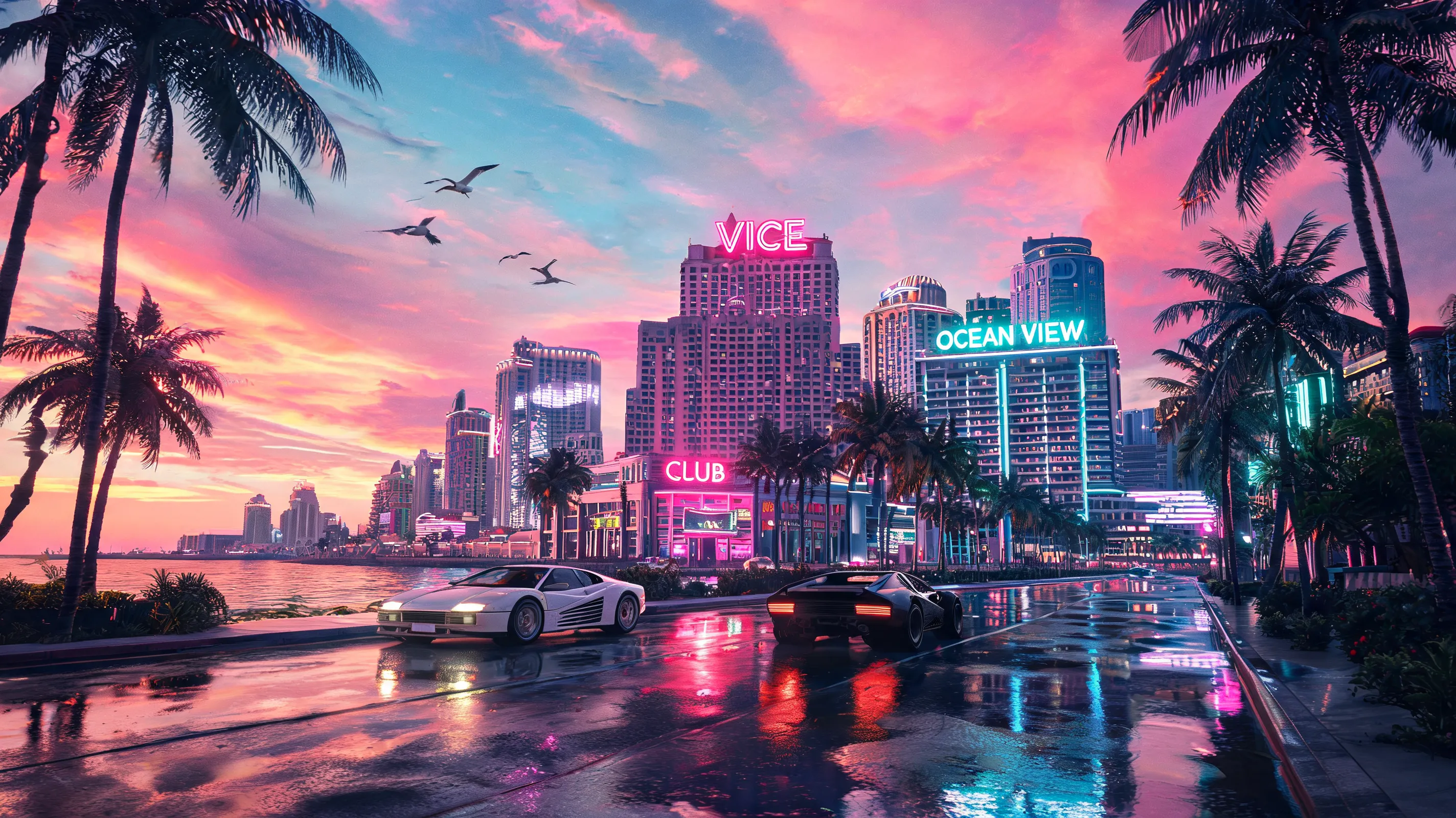 A breathtaking cinematic wide shot of a fictional Vice City-inspired skyline at sunset, neon pink and cyan signs reflecting on wet palm-lined streets, luxury cars, seagulls, 1980s Miami vice aesthetic, GTA 6 trailer style, ultra-detailed, vibrant colors, dramatic lighting, 4K.