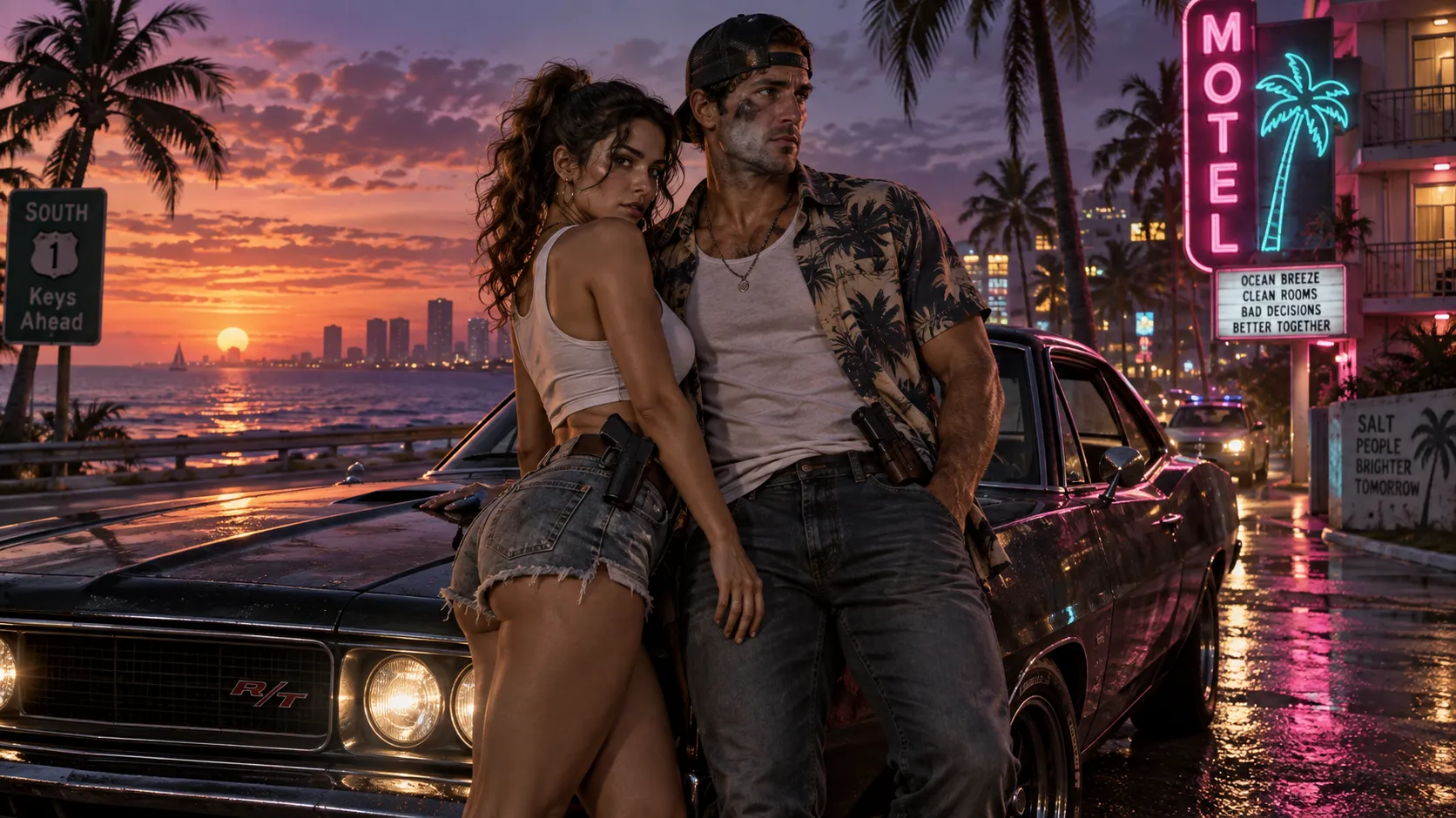 A cinematic shot of a male and female outlaw couple standing beside a stolen muscle car on a Florida-inspired coastal highway at dusk, neon motel sign in the background, guns holstered, tense romantic chemistry, GTA 6 cover art style, hyper-realistic, moody lighting.