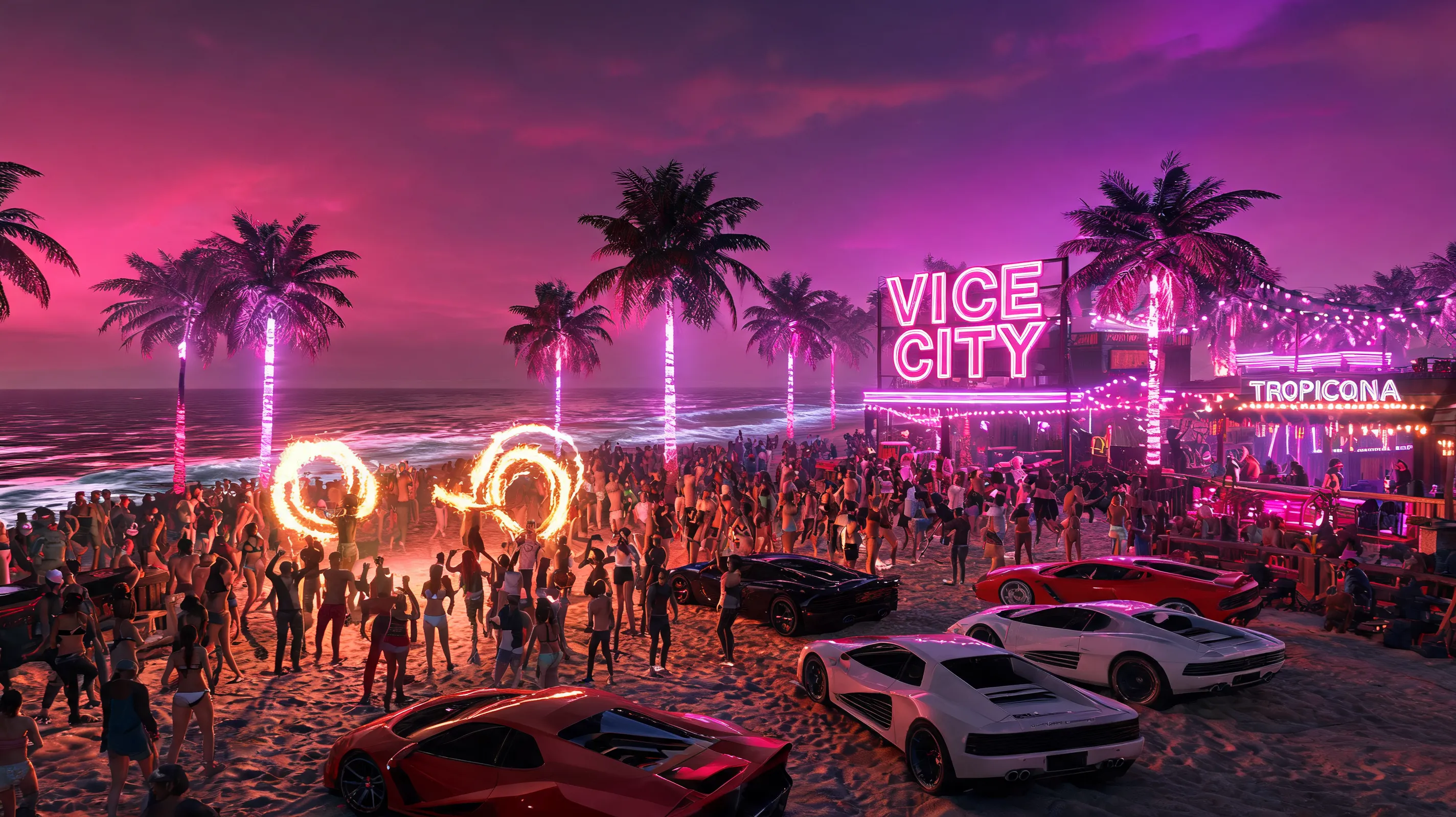 A crowded beach party at night in a GTA 6-inspired Vice City, neon lights, palm trees, fire dancers, sports cars parked on the sand, people dancing, ocean waves, pink and purple lighting, cinematic video game trailer aesthetic, ultra-detailed.